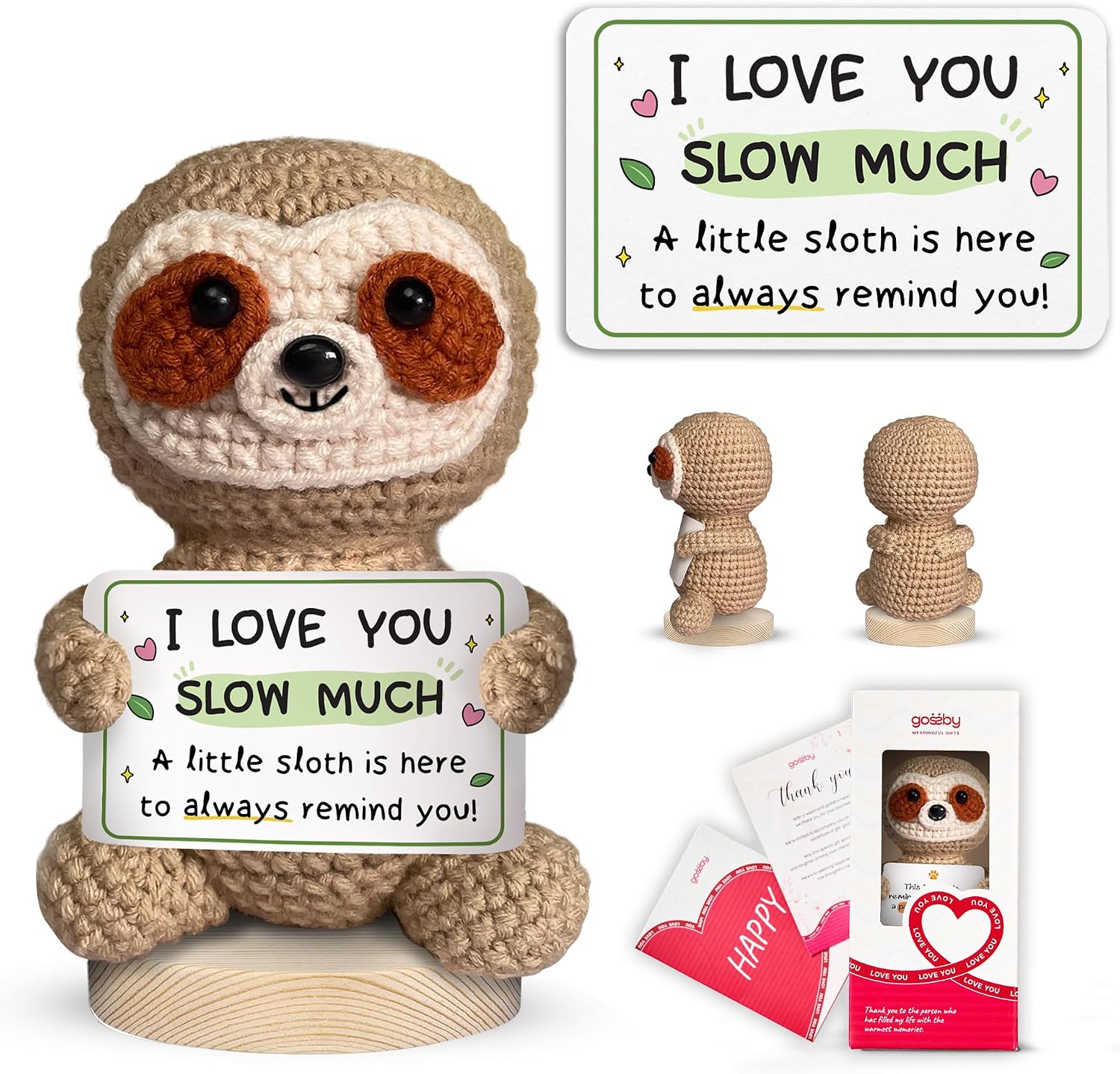 Gossby Handmade Positive Sloth Crochet with Message - I Love You Slow Much - Couple Gift for Husband, Boyfriend, Wife, Girlfriend - Romantic Anniversary, Valentines Day, Birthday Gift for Him, Her