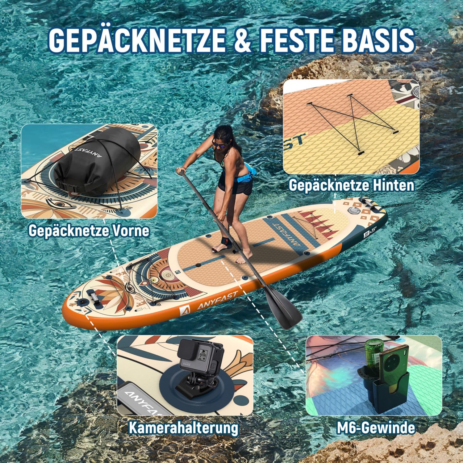 ANYFAST Stand up Paddle-Board-Wide-Gonfiabile-Pesca-Paddleboard - Ultra Stabile Wide SUP, pompa, porta macchina fotografica, guinzaglio, zaino, accessori, giovani/adulti