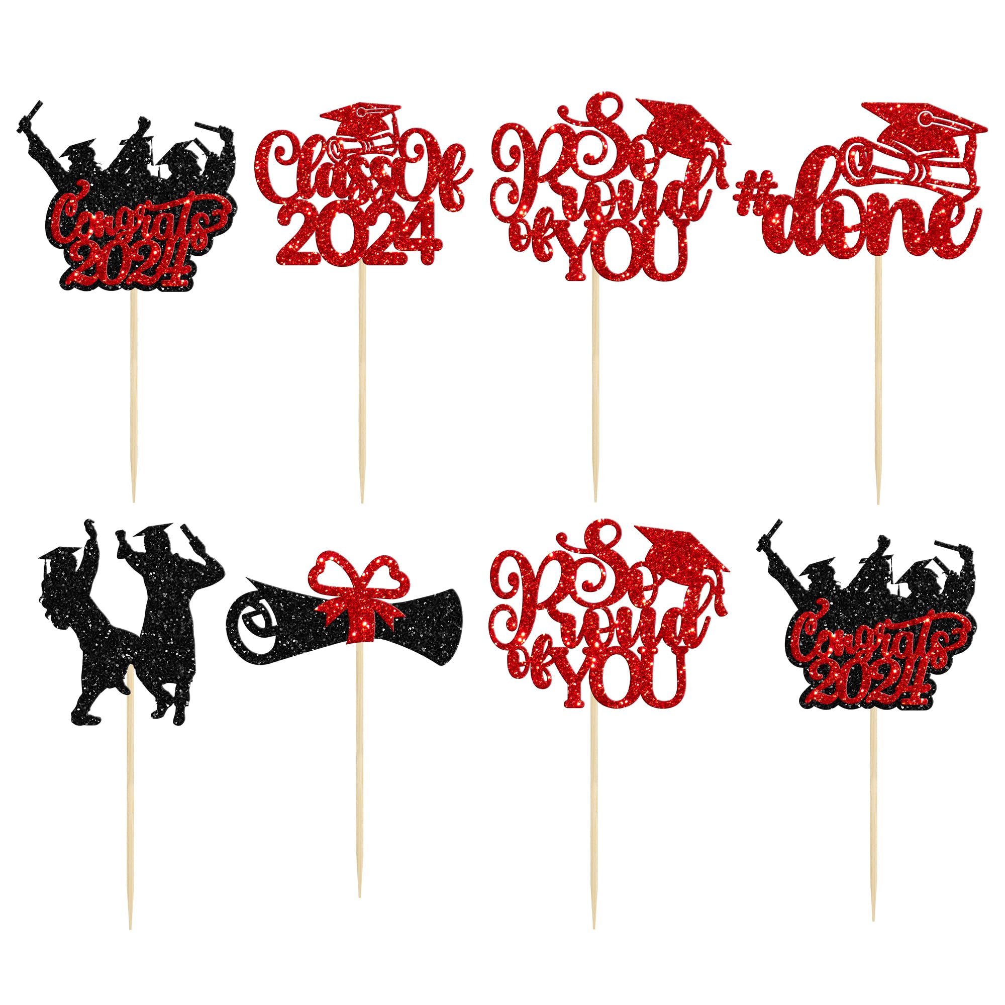 Gyufise 24Pcs 2026 Graduation Cupcake Toppers Glitter Class of 2026 Congrats Grad 2026 Cake Toppers Cap Diploma So Proud of You Cupcake Picks 2026 Graduation Theme Party Cake Decorations Supplies Red - Image 3