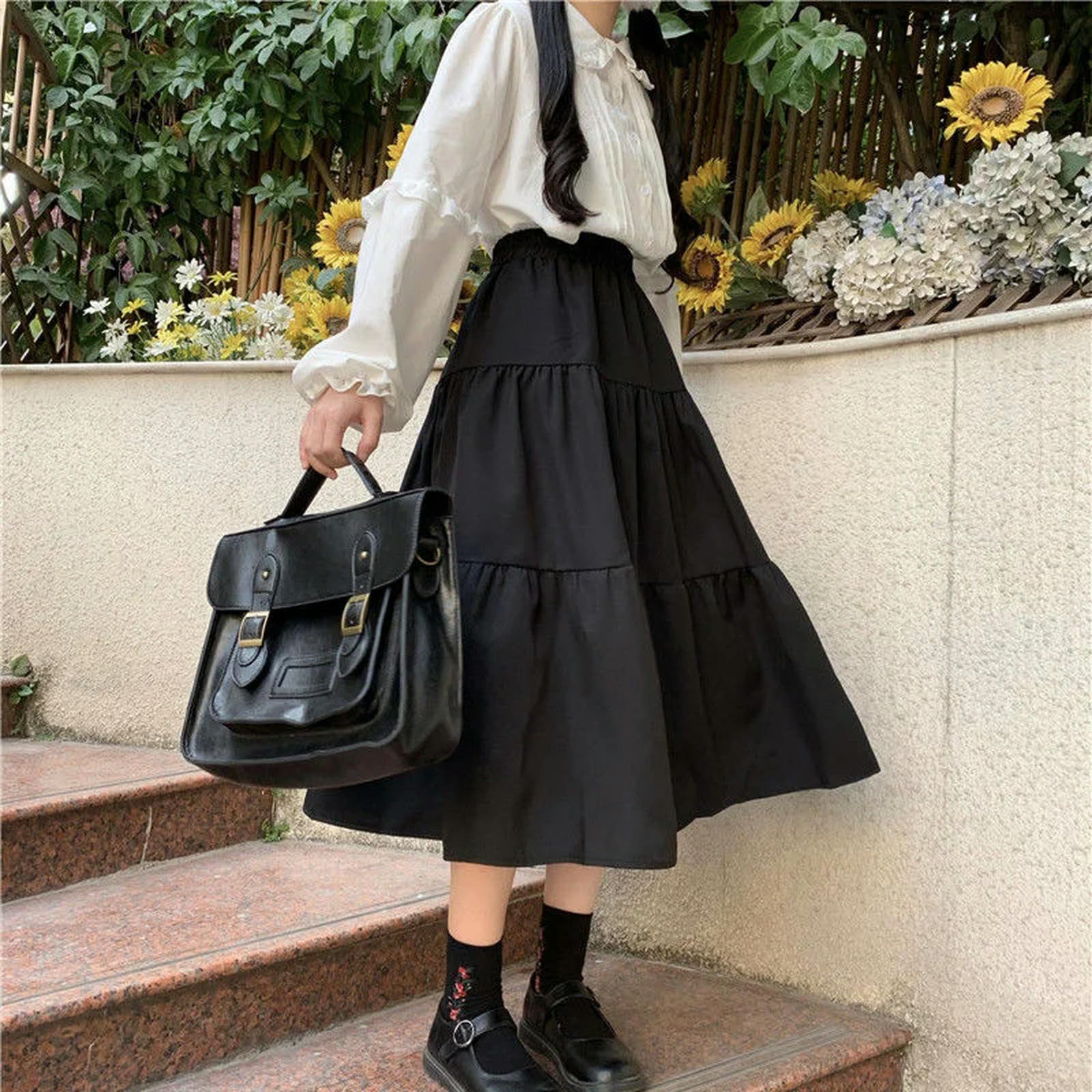 Falda Larga Negra para Mujer, Bonita Falda de Retazos, Cintura Alta, Suelta, Informal, Suave, para niña, Color Negro, L