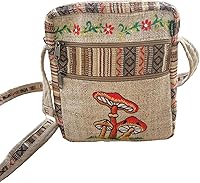 manakama Handcrafted Hemp Crossbody Bag Mushroom Embroidery Natural Beige Bohemian Shoulder Bag