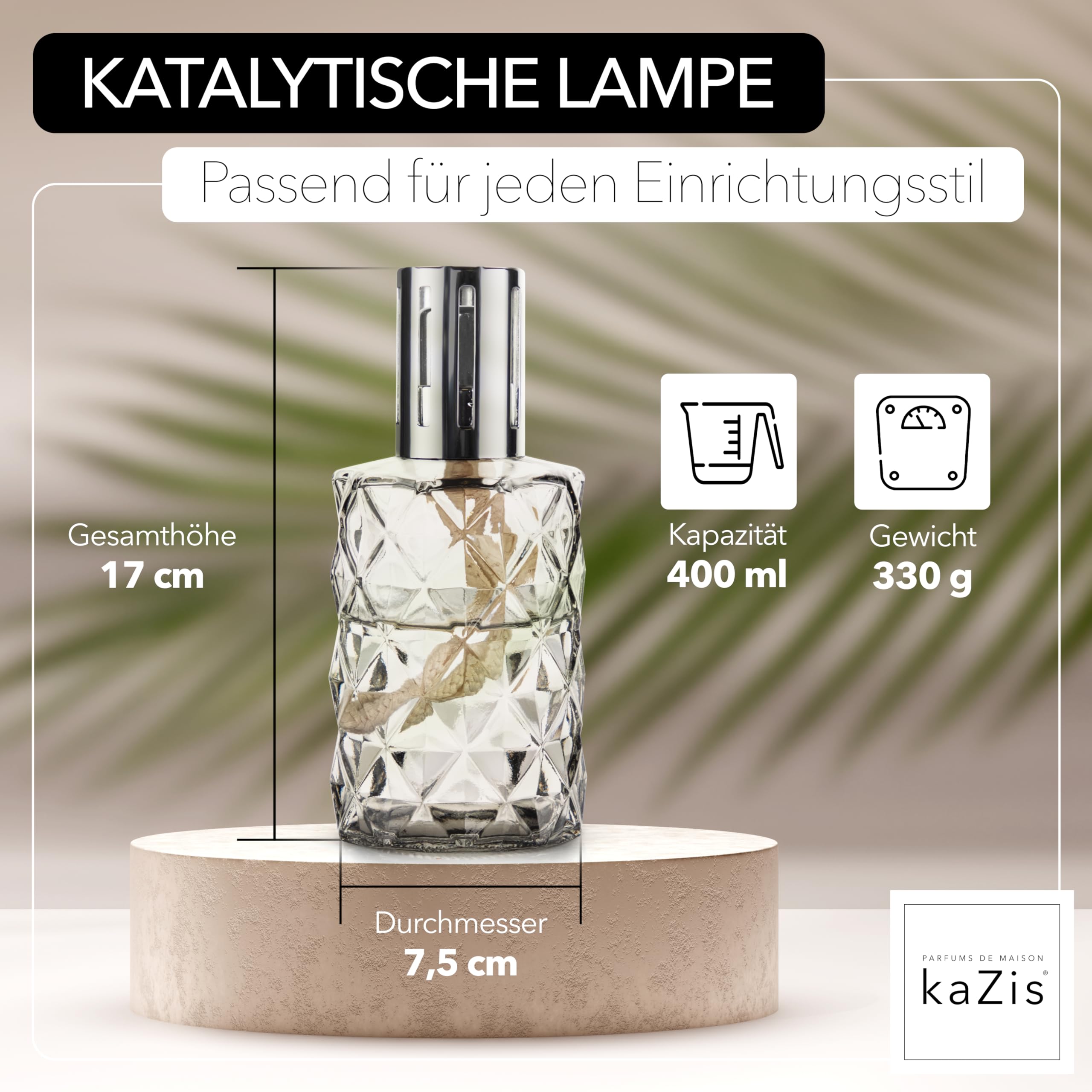 KAZIS® I Katalytische Lampe I Duftlampe I Glas I XXL I 400 ml Inhalt I graue Rauten