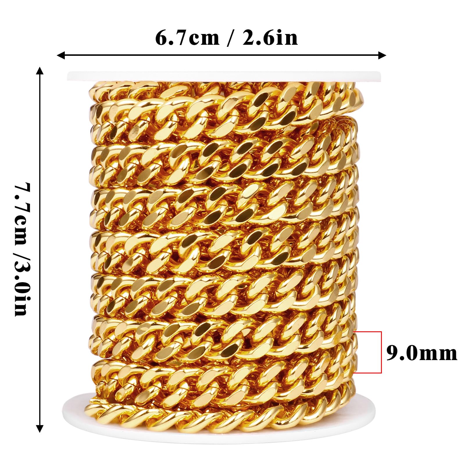 16.5 Feet Stainless Steel Cuban Chains Roll, 9mm Width 18K Gold Plated Diamond-Cut Miami Curb Link Chains Spool Bulk for Jewelry Meking & DIY Craft