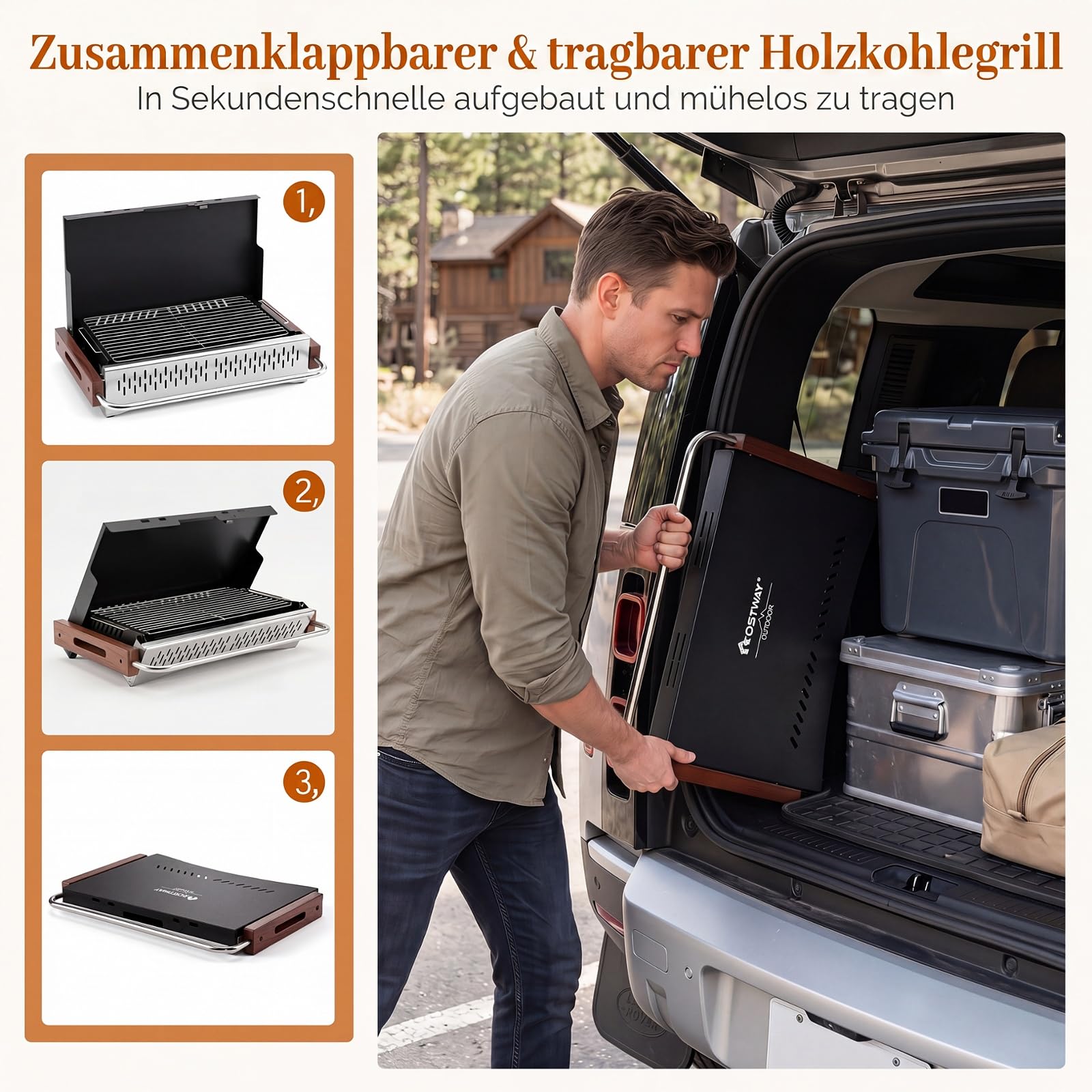 COSTWAY Grill na węgiel drzewny, mały, składany grill stołowy (62 x 43,5 x 6,5 cm)