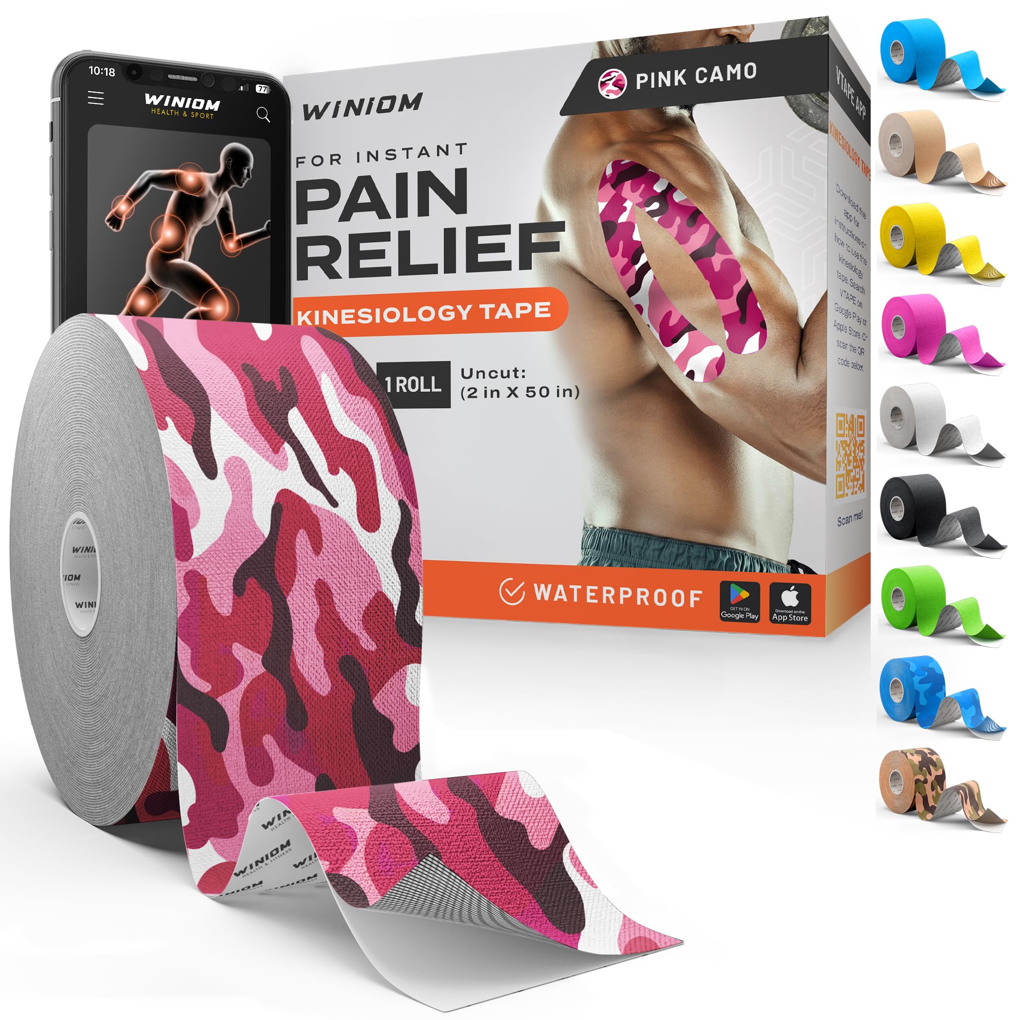 Kinesiology Tape - Waterproof Athletic Sports Tape for Knee, Shoulder, Arm &amp; Back Support | 3-5 Day Adhesion, Hypoallergenic &amp; Latex-Free + Taping Guide (Uncut, 2"x50ft Roll, Wild Pink Camo)