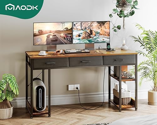 Miniatura 4 de AODK Escritorio de oficina de 55 pulgadas con cajones de tela y tomas de corriente, escritorio para computadora con estantes de almacenamiento y