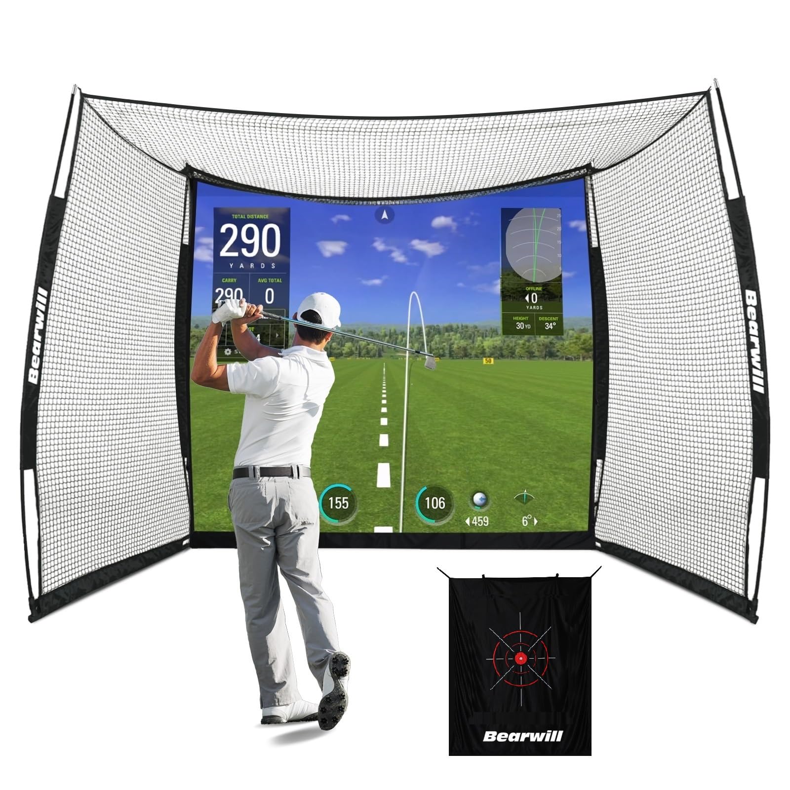 Golf Net with Simulator Impact Screen, 11 FT x 8 FT Golf Practice Hitting Net, HD Blank Impact Screen and Target Cloth for Driving Swing, Home Garage Backyard