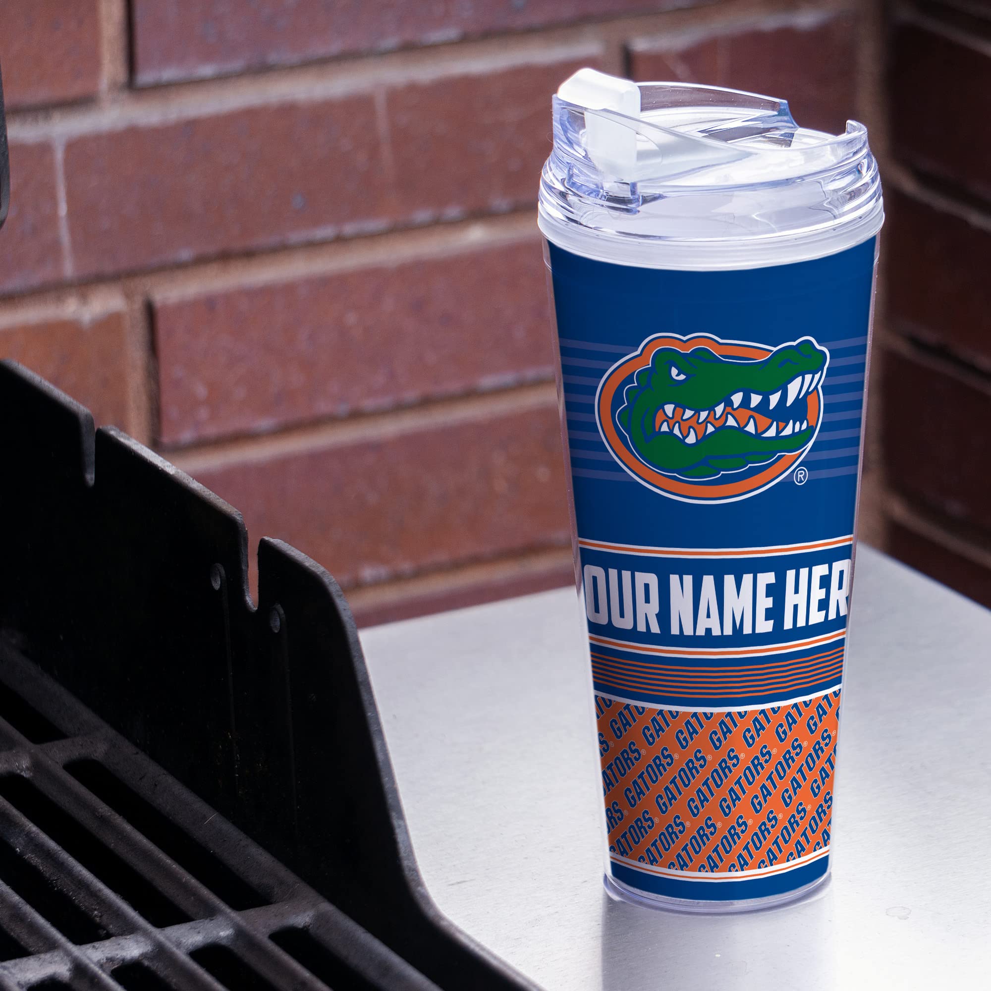 Rico Industries NCAA Florida Gators Primary 24oz Personalized Tumbler W/Hinged Lid - Team Colored Travel Tumbler - Keeps Drinks Cold or Hot