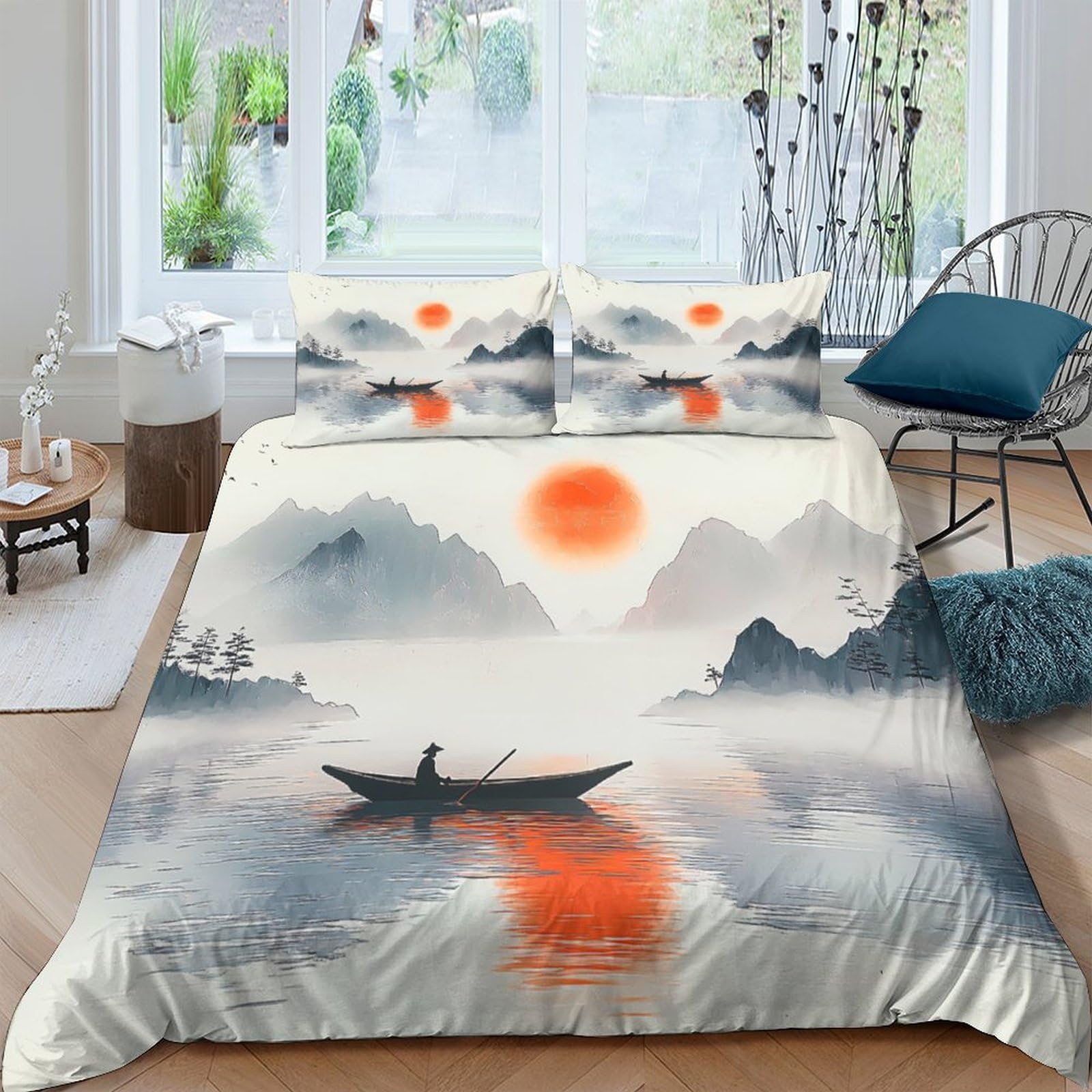 Ctjqhvkz Style-3 3D Printed Watercolor Sunrise Fitted Sheet Microfiber Soft Landscape Boat Mattress Cover For Bedroom Dorm Decor Single（135X200cm）