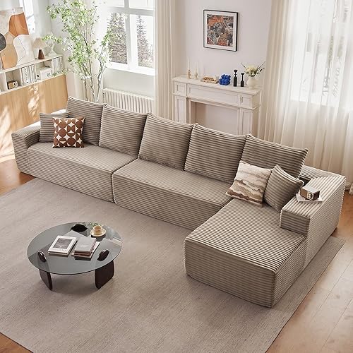 166.9" Cloud Sectional Couch with L-Shape Chaise, Upholstered Corduroy Couches Sleeper with Deep Seat, Modern Modular Comfy Sofa Chaise Longue for Living Room Bedroom, No Assembly Required, Camel