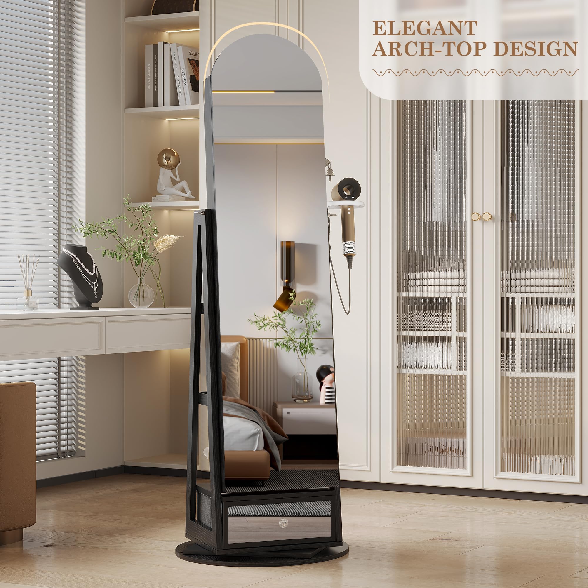 LVSOMT LED Bogen Schmuckschrank mit Spiegel, 360° Drehbar Standspiegel mit Schmuckschränke, Abschließbar Schmuckspiegelschrank mit Beleuchtung, Schmuckschrank Stehend Holz mit Stufiges Regal, Schwarz