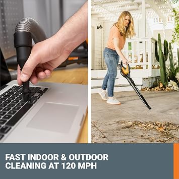 WORX Cordless Leaf Blower, 20V Electric Blower for Narrow Space, WG545.1 | 120MPH Airflow, Lightweight at 3.5 LBS, 7-Piece Multi Nozzle Kit , 2.0Ah Battery & Charger Included, PowerShare