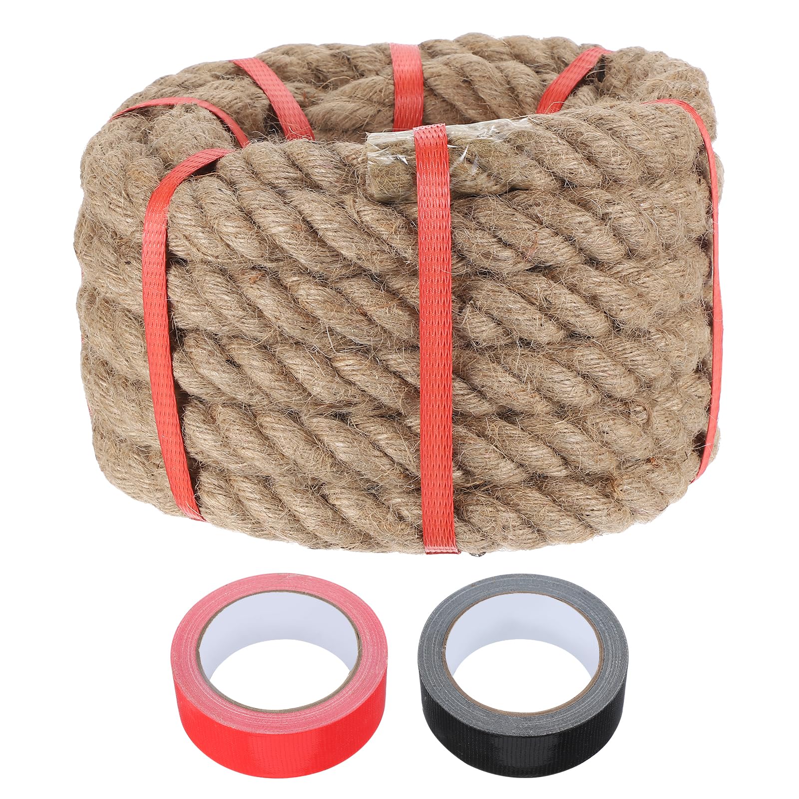 sourcing map Jute Rope 1 Inch x 20ft, Heavy Natural Thick Twisted Rope with 2 Roll Tapes for Crafts Railing Docks Tug of War Swing Nautical Landscaping