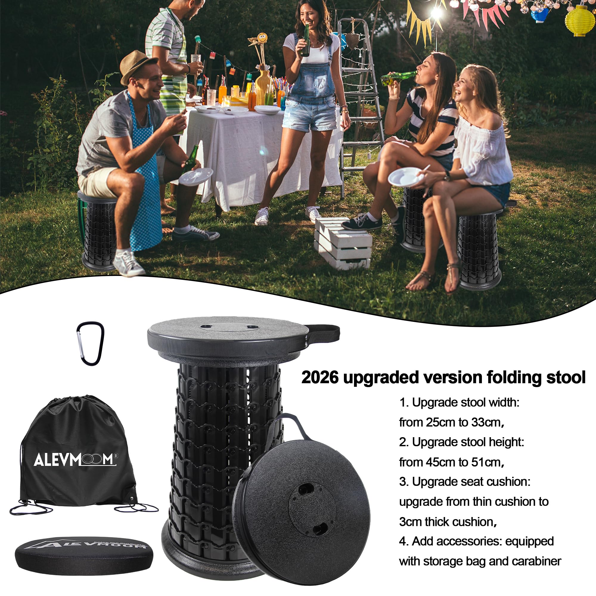 ALEVMOOM Tragbarer Teleskophocker mit dickem Kissen, Teleskop-Klapphocker，maximale Tragfähigkeit 450 kg ，einziehbarer Klapphocker für Outdoor Camping, Angeln, Wandern, Reisen