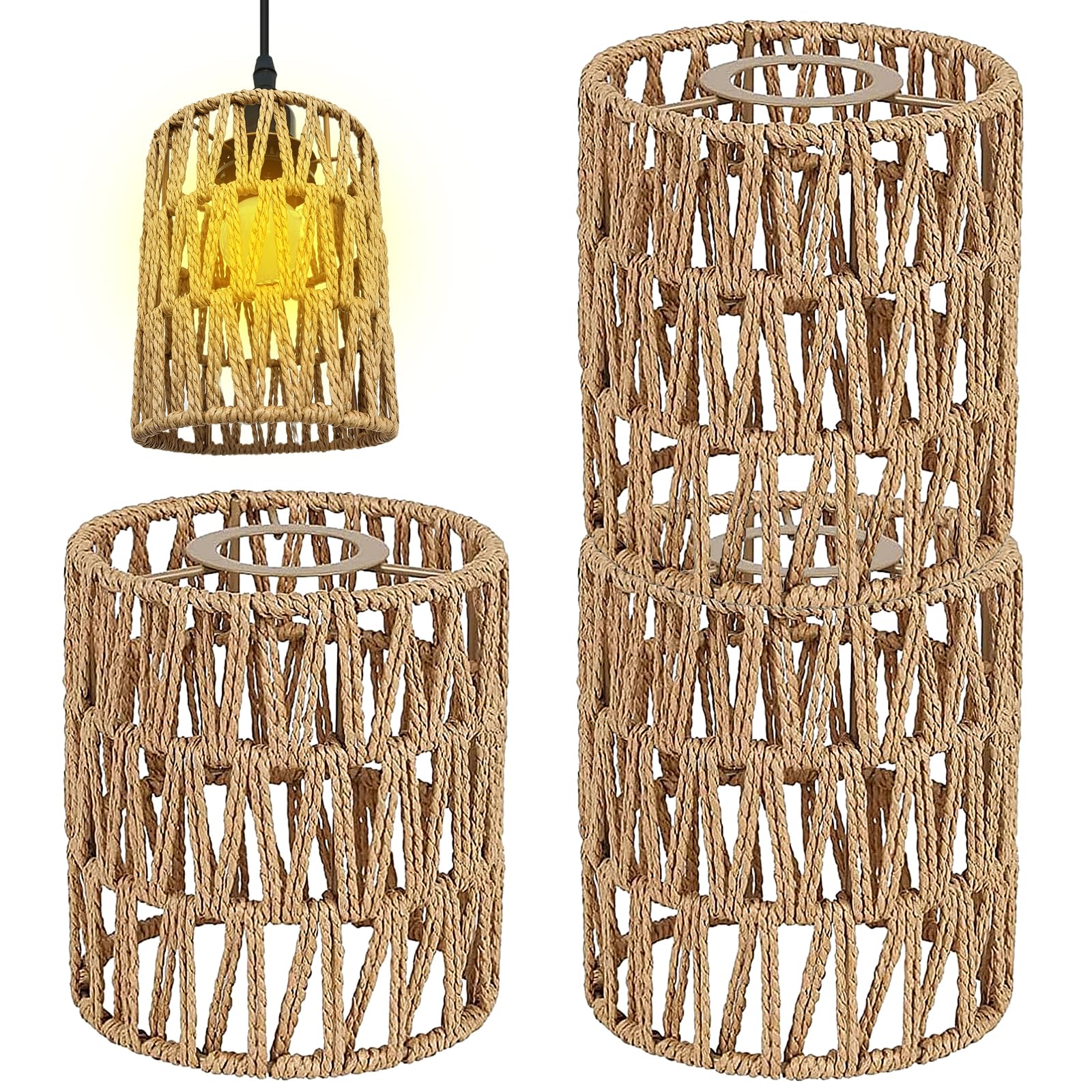 3 pantallas de lámpara de ratán bohemio, de repuesto de mimbre (altura 15 cm) para lámpara colgante, lámpara de pie, lámpara de mesa, lámpara colgante y lámpara de techo, accesorios de pantalla