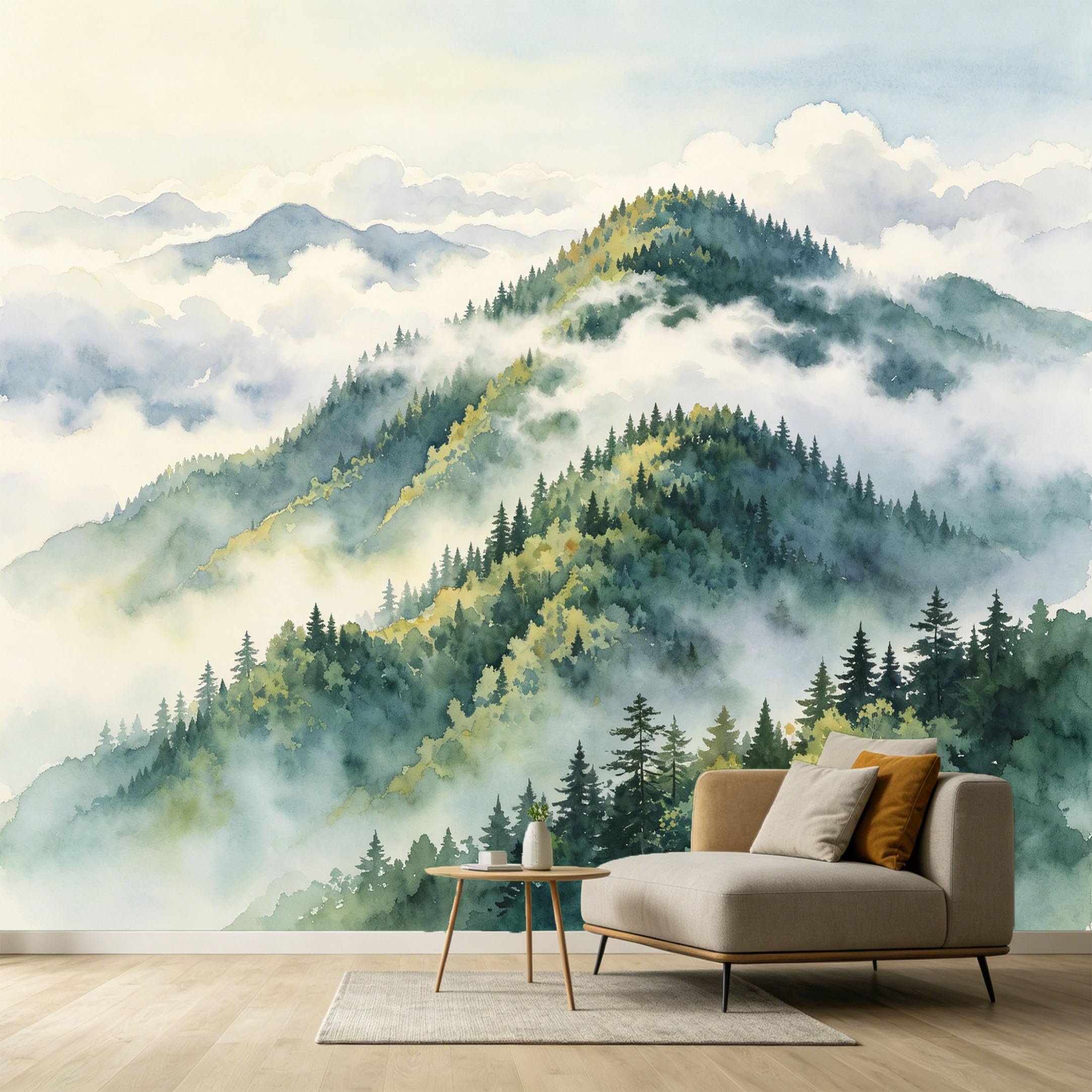 Custom Size Wall Murals Misty Mountain Forest Watercolor Landscape SelfAdhesive Wall Fabric Removable Large Wallpaper for Photo Living Room Interior Decor Wall Art