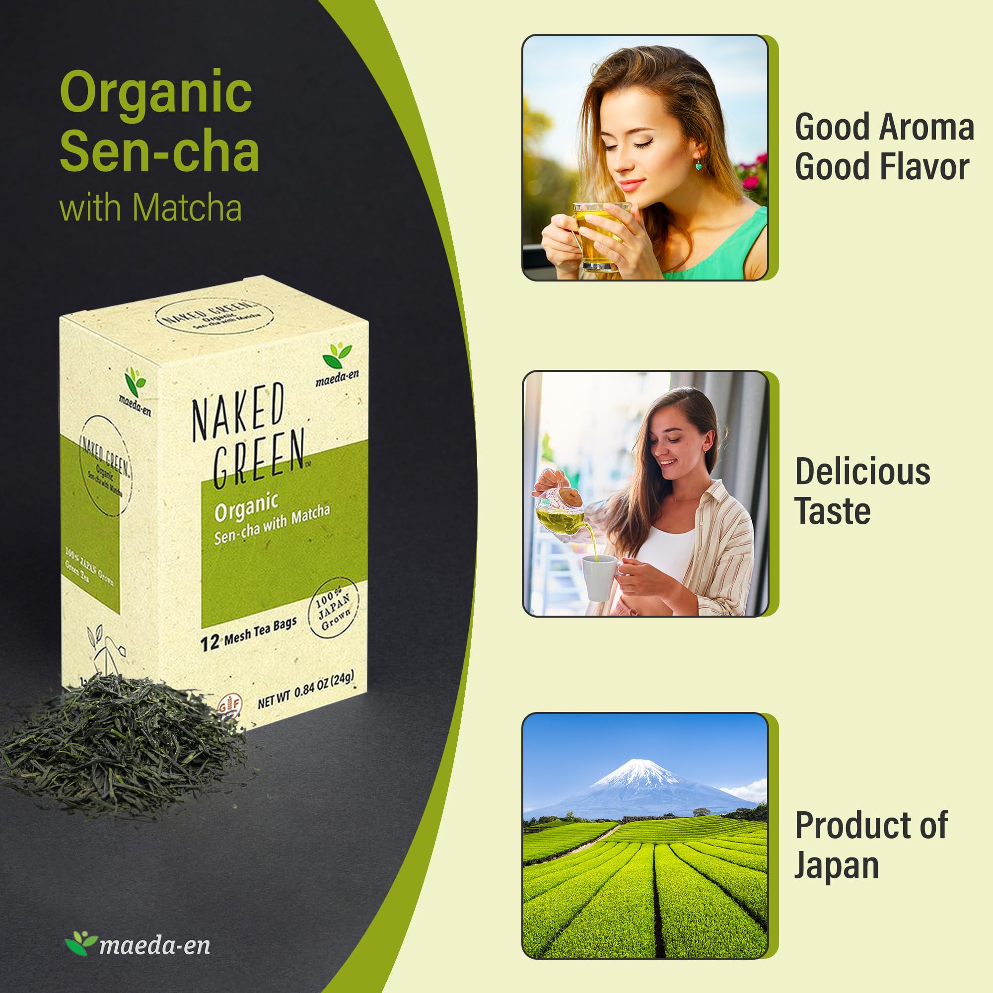 MAEDA-EN NAKED GREEN Organic Sen-cha with Matcha 12 Tea Bags Hot or Cold Drink Green Tea Japanese Origin — view 4