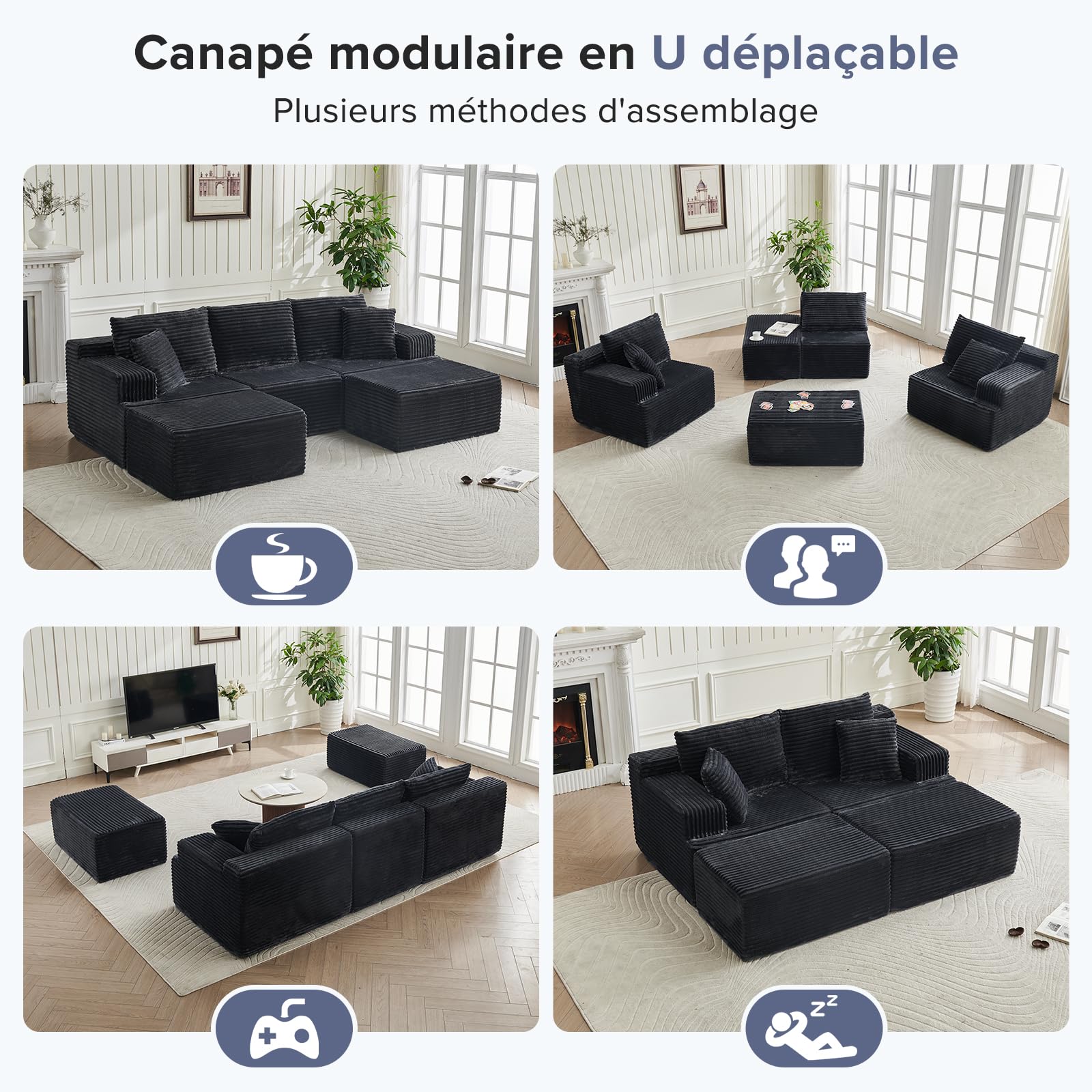 Canapé Modulable en U 262cm sans Montage Canapé d'angle, Gris