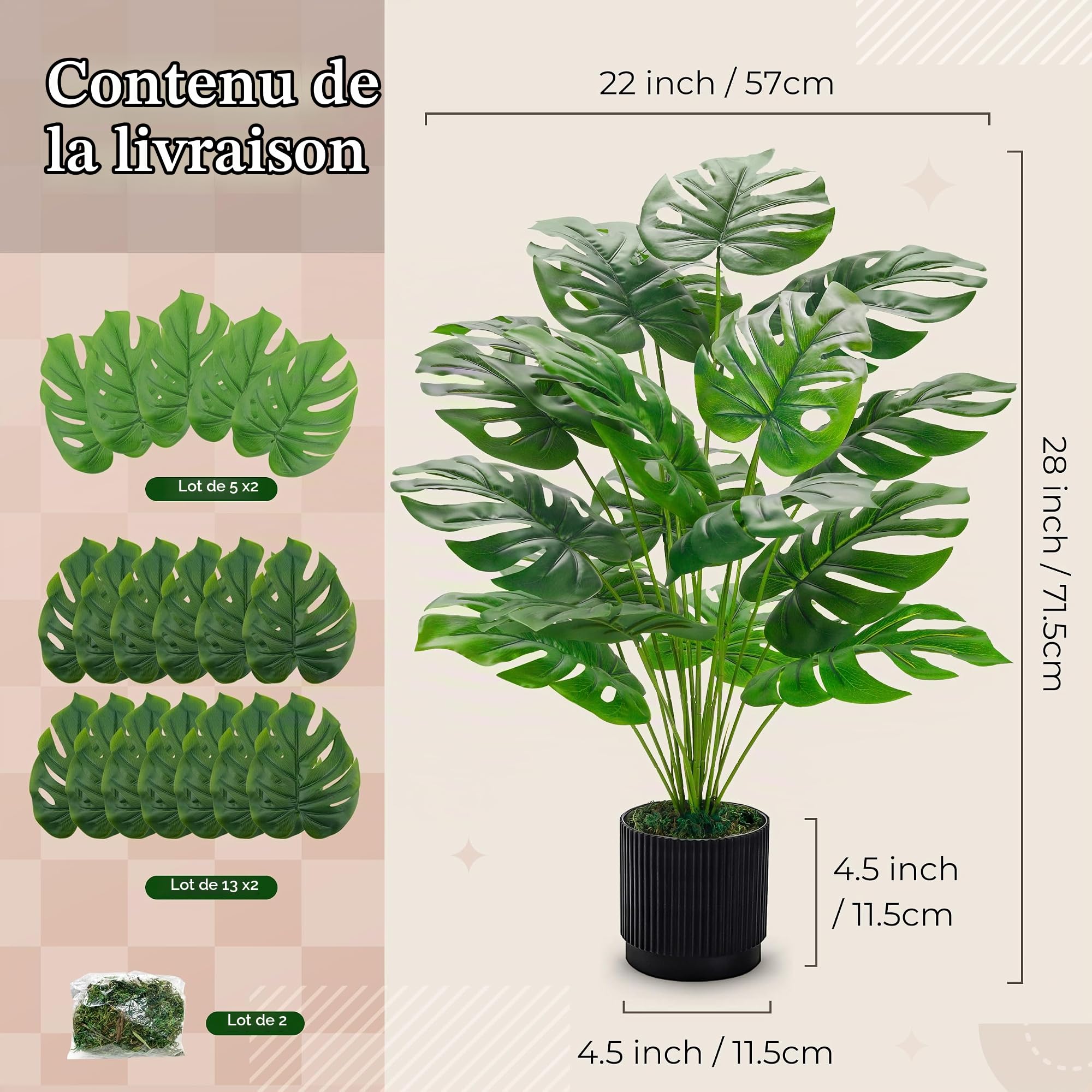 BTSD-home Plantes artificielles Monstera de 71 cm, grandes plantes artificielles hautes pour la décoration d’intérieur et d’extérieur de la maison, du bureau, de la salle de bain et de la chambre