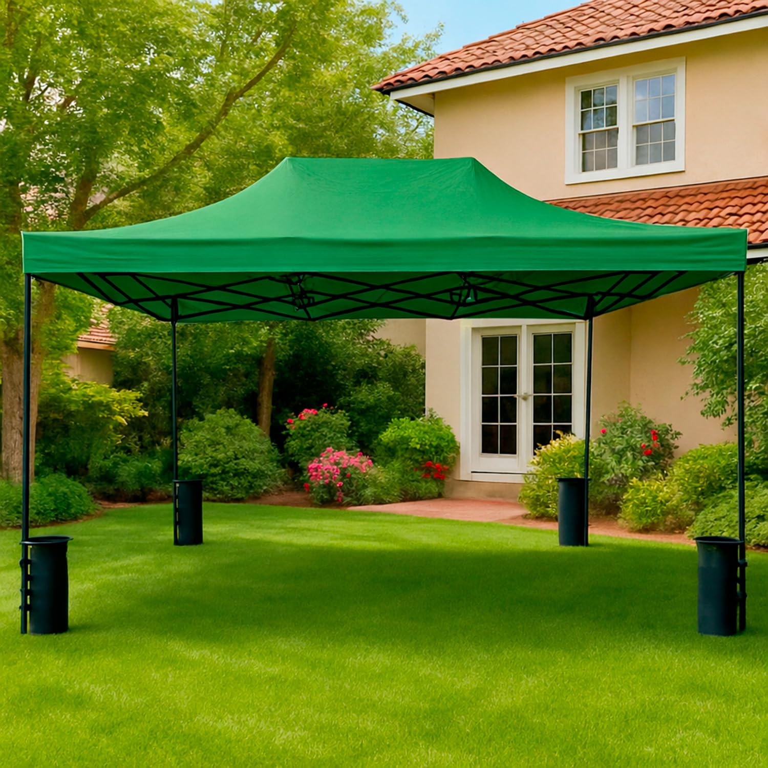 Gazebo Professionale 3x4.5 M Richiudibile Automatico In Acciaio Con Telo Oxford 1200D PVC Impermeabile e Anti UV Struttura a Fisarmonica con Sacche Zavorra e Borsa Trasporto Sagre Feste (Verde)
