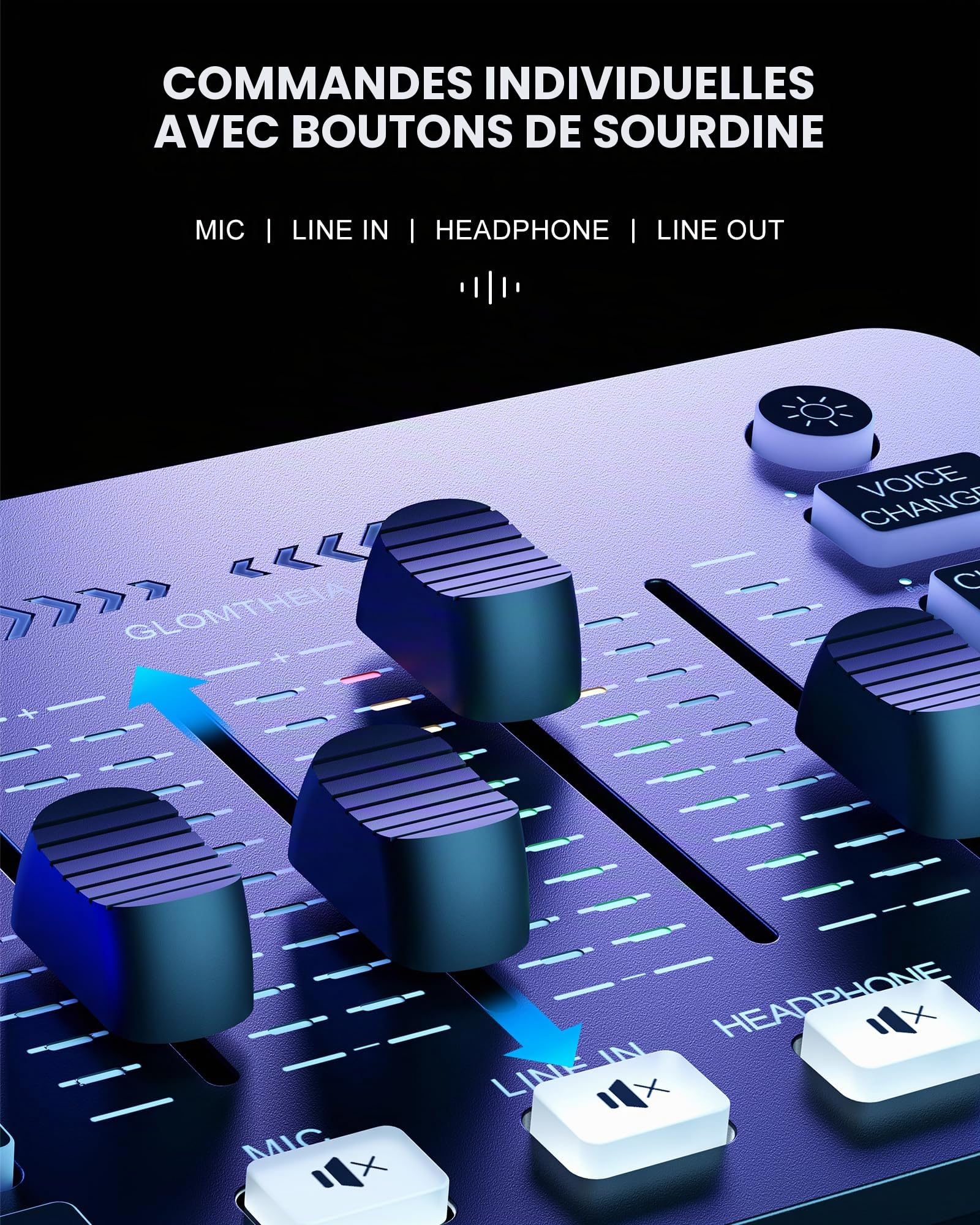 Carte son de jeu Interface audio Changeur de voix pour PC PS4 PS5 Mixeur de streaming Table de mixage compatible avec microphone à condensateur XLR/dynamique