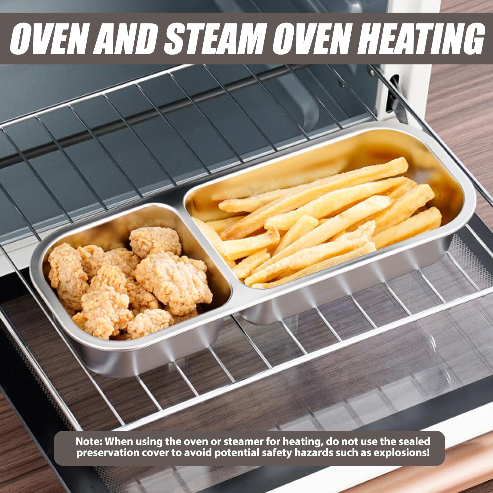 GOEDCH Contenitore per snack in acciaio inox con 3 scomparti: 2 contenitori per snack bento in acciaio inox 304 con 3 scomparti e coperchi, Riutilizzabile in forno per bambini e adulti