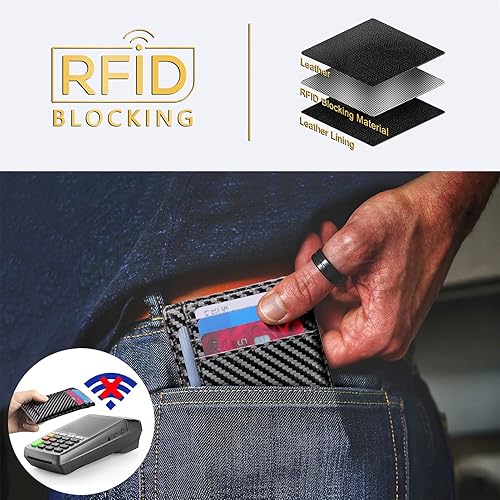 Miniatura 5 de Travelambo Cartera delgada de cuero minimalista con bolsillo frontal RFID que bloquea la textura de fibra de carbono Azul  Patchwork talla única