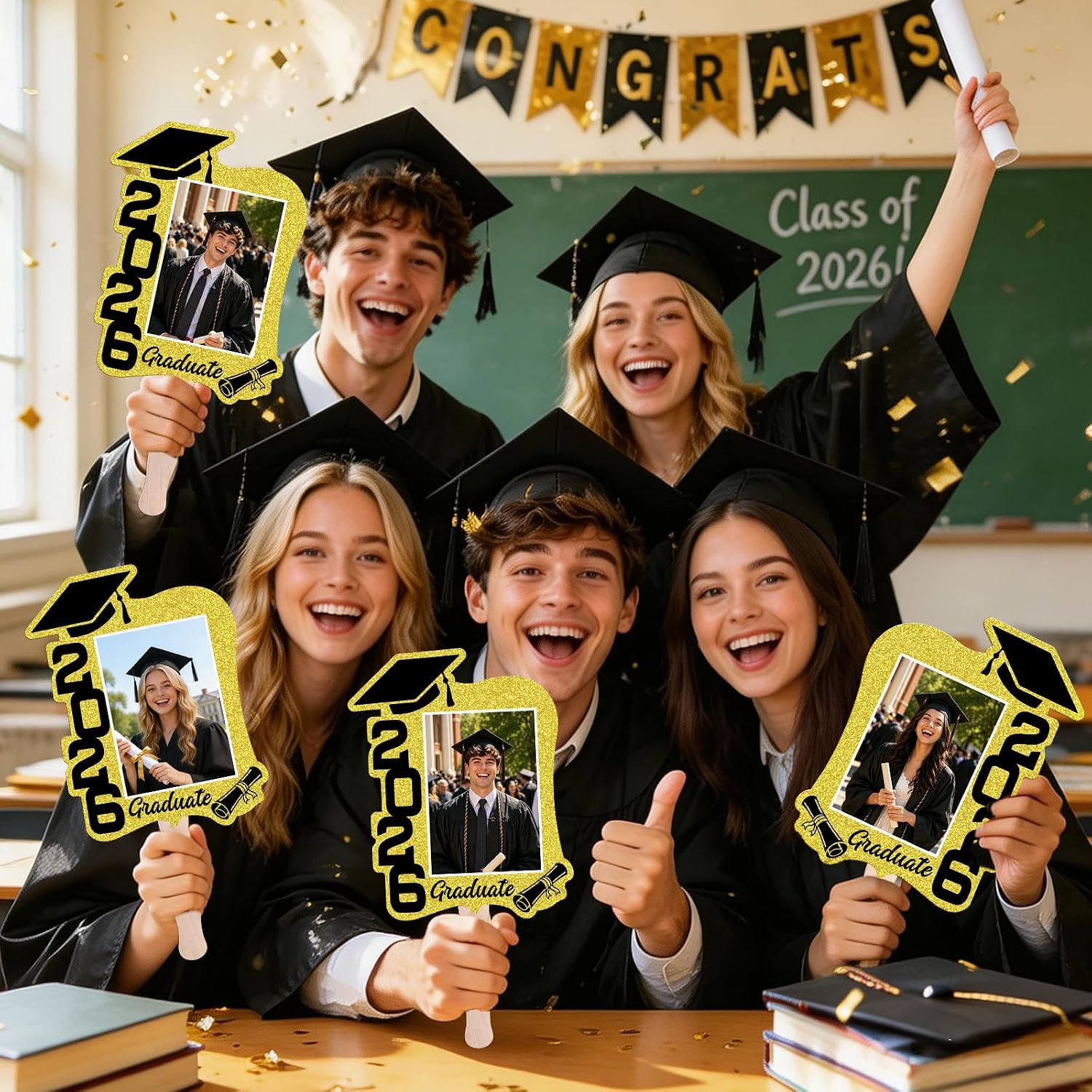 Shzbtdo 24pcs Graduation Fans with Photo 2026, Custom Face Fans Personalized Graduation Party Favors, Black and Gold Photo Props for Grad Party, Fits 4 * 6in Photos