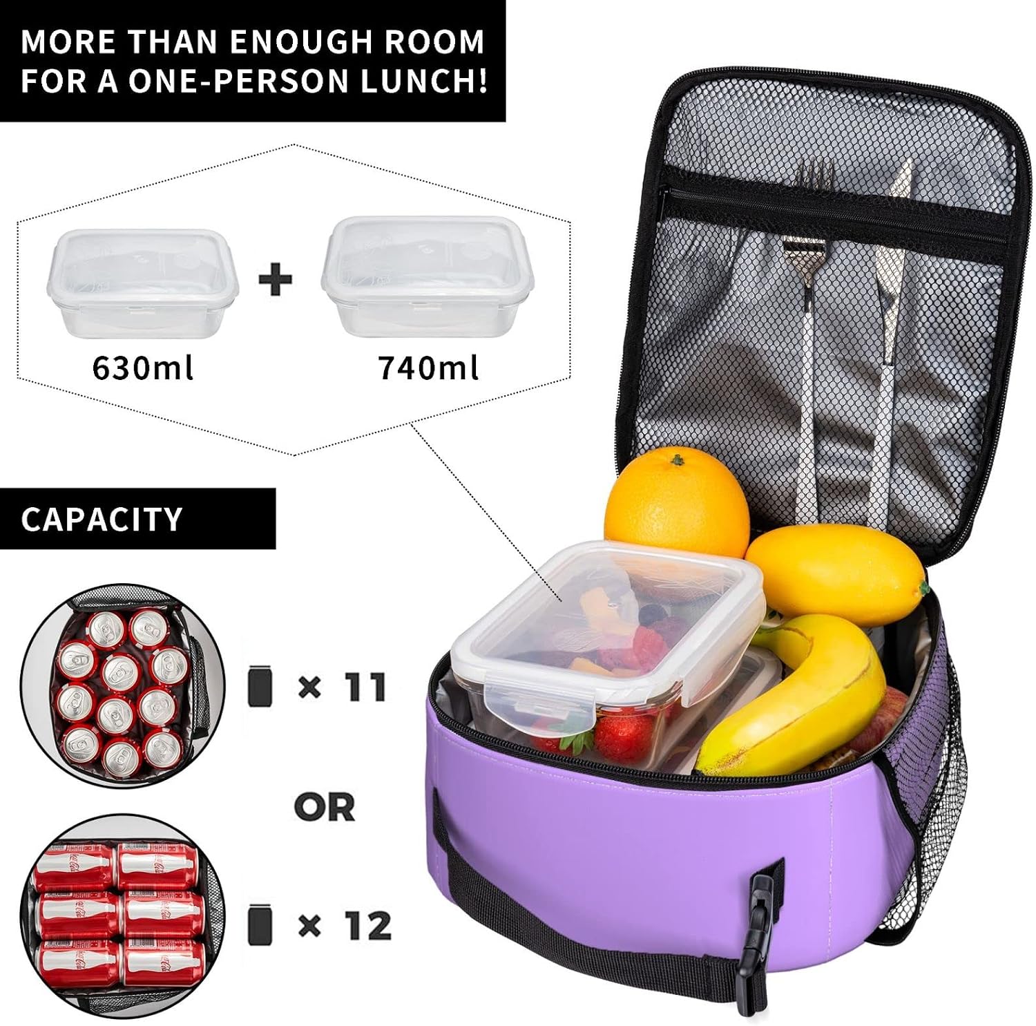 Purple Lunch Box for Kids Girls Women Adults Insulated Washable Thremal Picnic Bag for School Office Cooler Reusable Portable Meal Pail