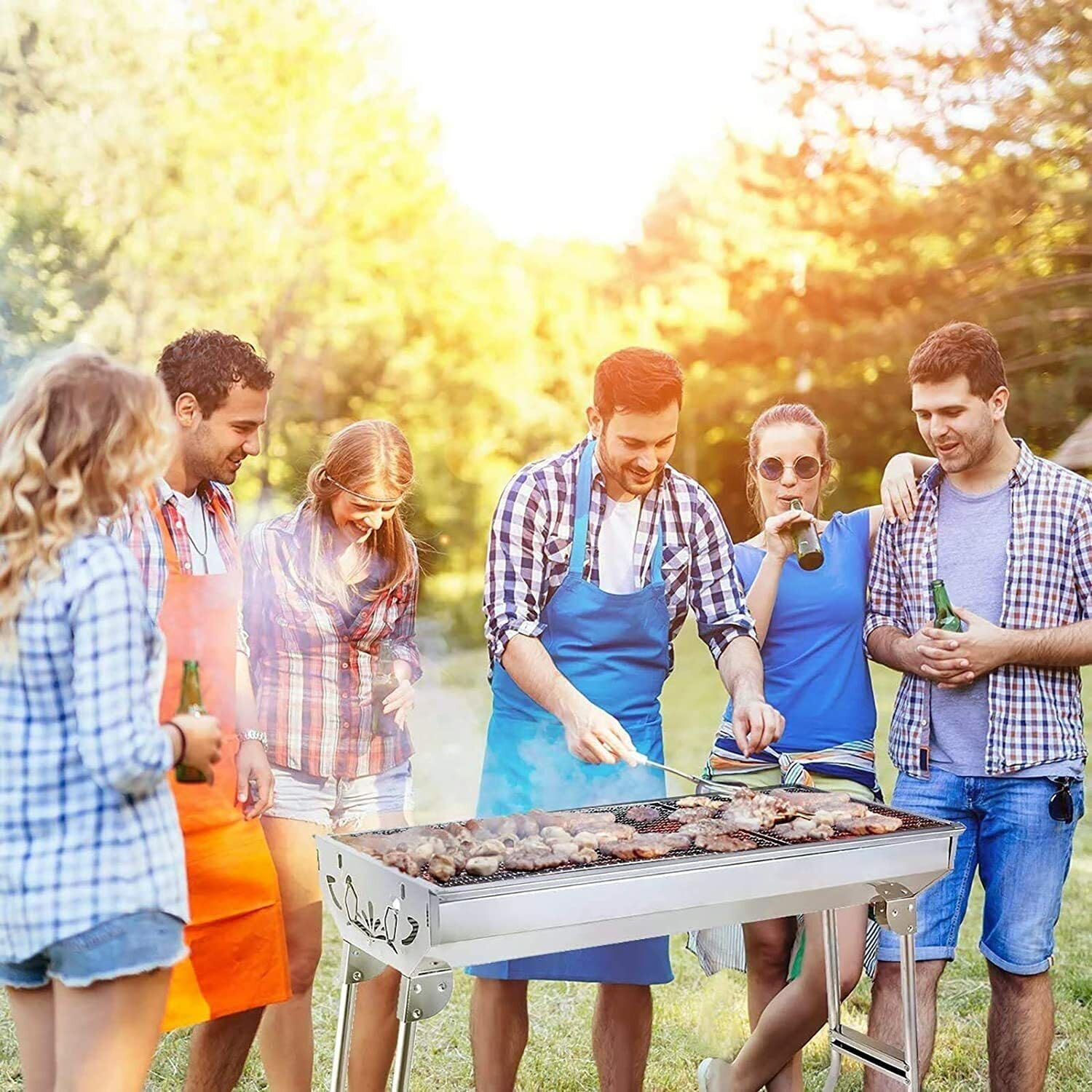 Oceano Barbecue a carbone in acciaio inox bracere richiudibile in metallo portatile bbq da esterno griglia per giardino pic-nic campeggio escursione gita (33x73x71cm + soffiatore + utensili)