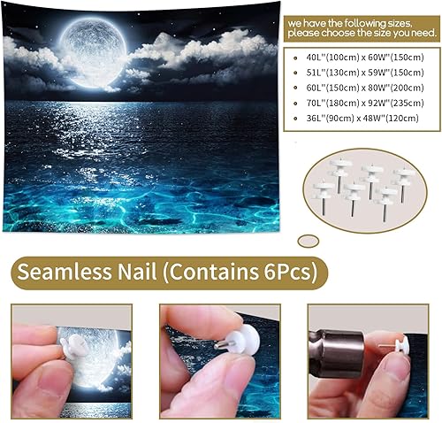 Miniatura 7 de LB Tapiz de cielo nocturno y océano, tapiz de luna llena sobre el agua, tapiz para colgar en la pared, tapiz de fantasía mágica de acuarela 3D, arte