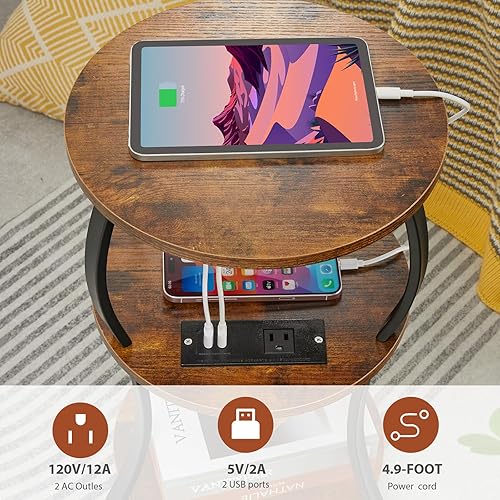 Miniatura 7 de Mesa auxiliar redonda pequeña con estación de carga, mesa auxiliar circular de cintura de 3 niveles con estante de almacenamiento, mesa auxiliar