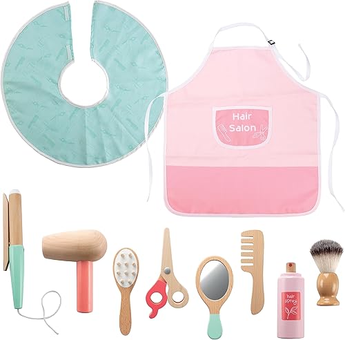 Miniatura 7 de Juego de madera de peluquería de simulación, espejo de tocador completo con silla y carrito rodante, juego incluye secador de pelo, cepillo, estilo,