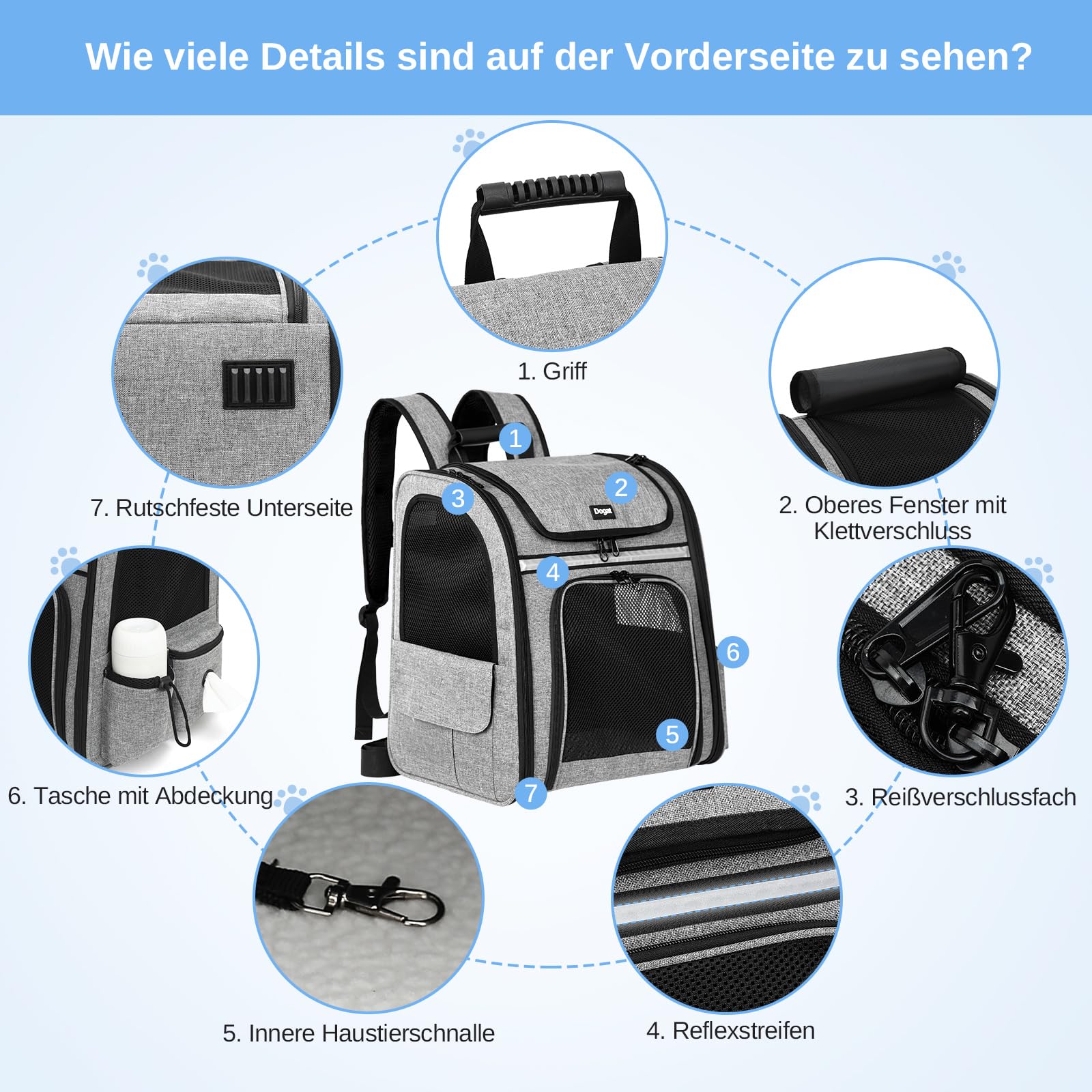 Mochila transportadora para Gatos, portátil Transpirable, Mochila Plegable para Transportar Mascotas, para Gatos y Perros medianos y pequeños, transportadora para, Gris | Ventana de malla transpirable, hasta 8 kg, 30 x 24 x 36 cm, para paseos diarios, sen
