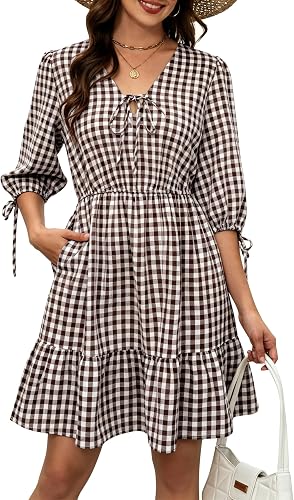 ECOWISH Mini Dress for Women Gingham 3/4 Sleeve V Neck Tiered Tie Front
