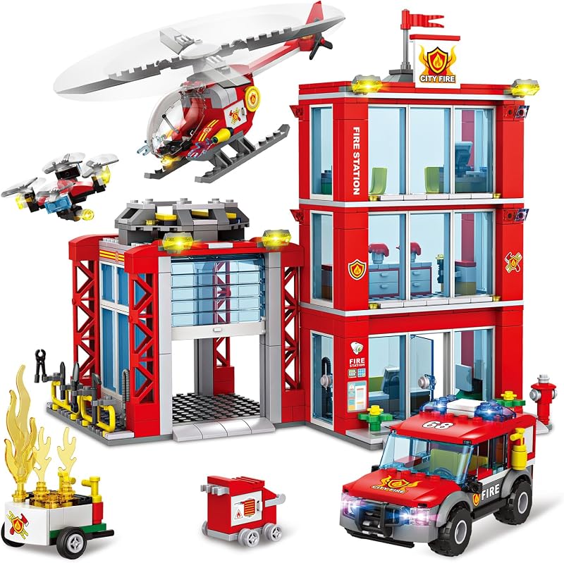 City Fire Station Building Blocks Set with Fire Truck , Fire Rescue Helicopter,Drone & Fire Engine Toys,Fire Command Center Playset, Firefighters Roleplay Toy Gifts for Kids Boys Girls Ages 6+(744PCS)