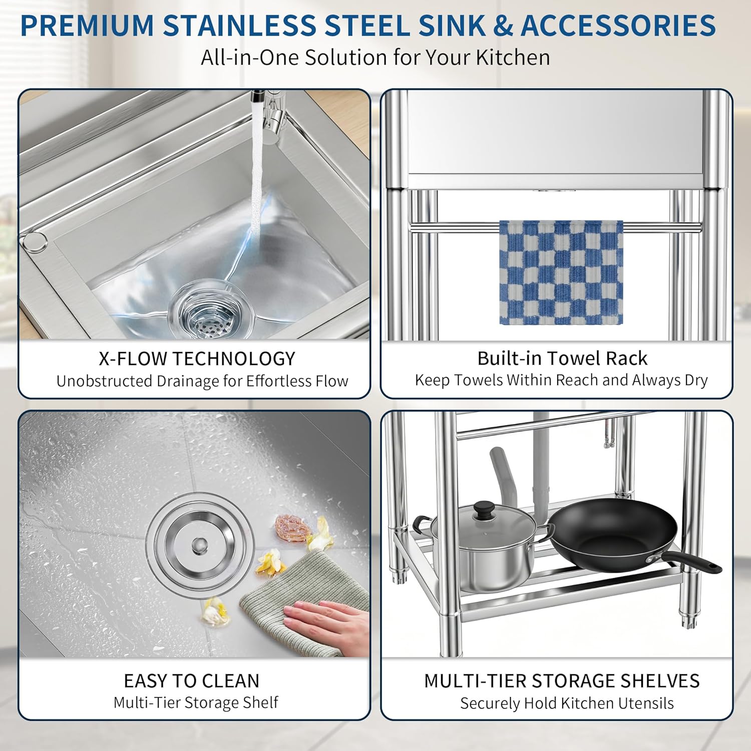 Utility Sink Stainless Steel Sink, Free Standing Single Bowl with Cold and Hot Water Pipe for Work Shop Garage Basement Outdoor Kitchen (Handemade R10 Bowl)