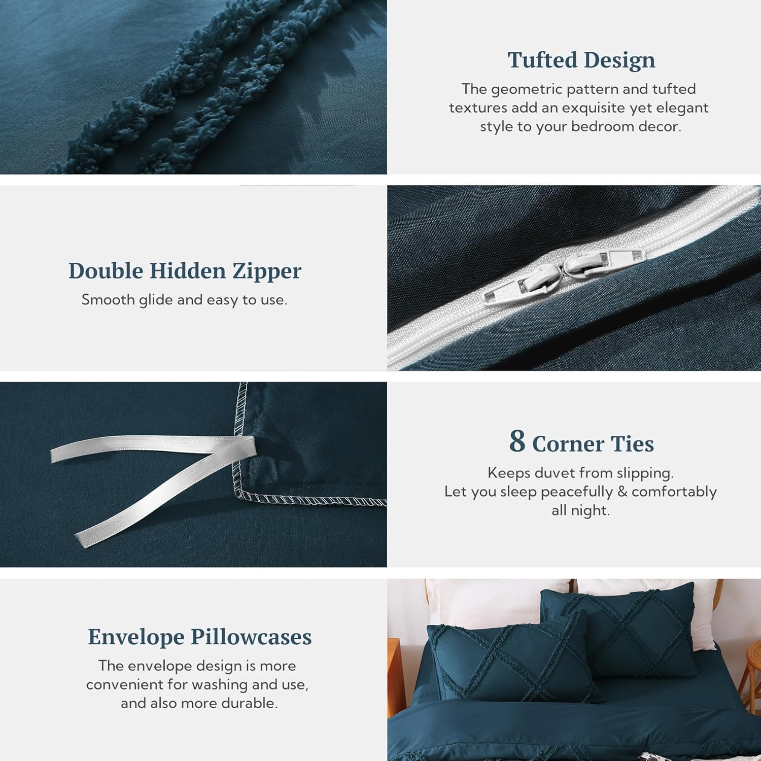 MILDLY Boho Duvet Cover Peacock Blue - Tufted Geometric Textured Queen Size Comforter Cover Set with Corner Ties & Zipper Closure