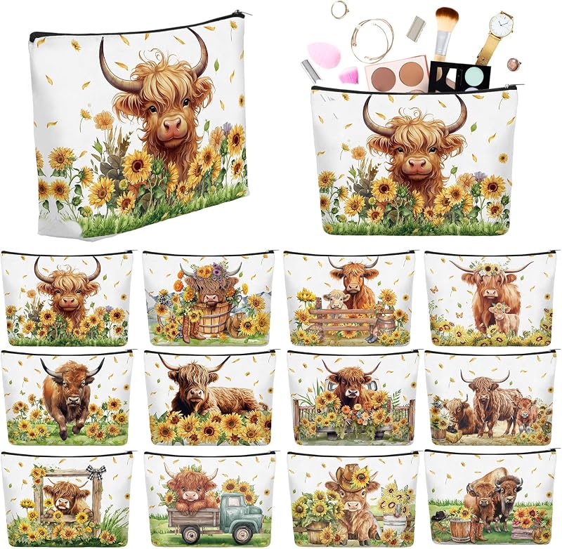 Reginary Necessaires de Lona com Zíper e Estampa de Vaca Highland Cow com Girassóis, Pacote com 12