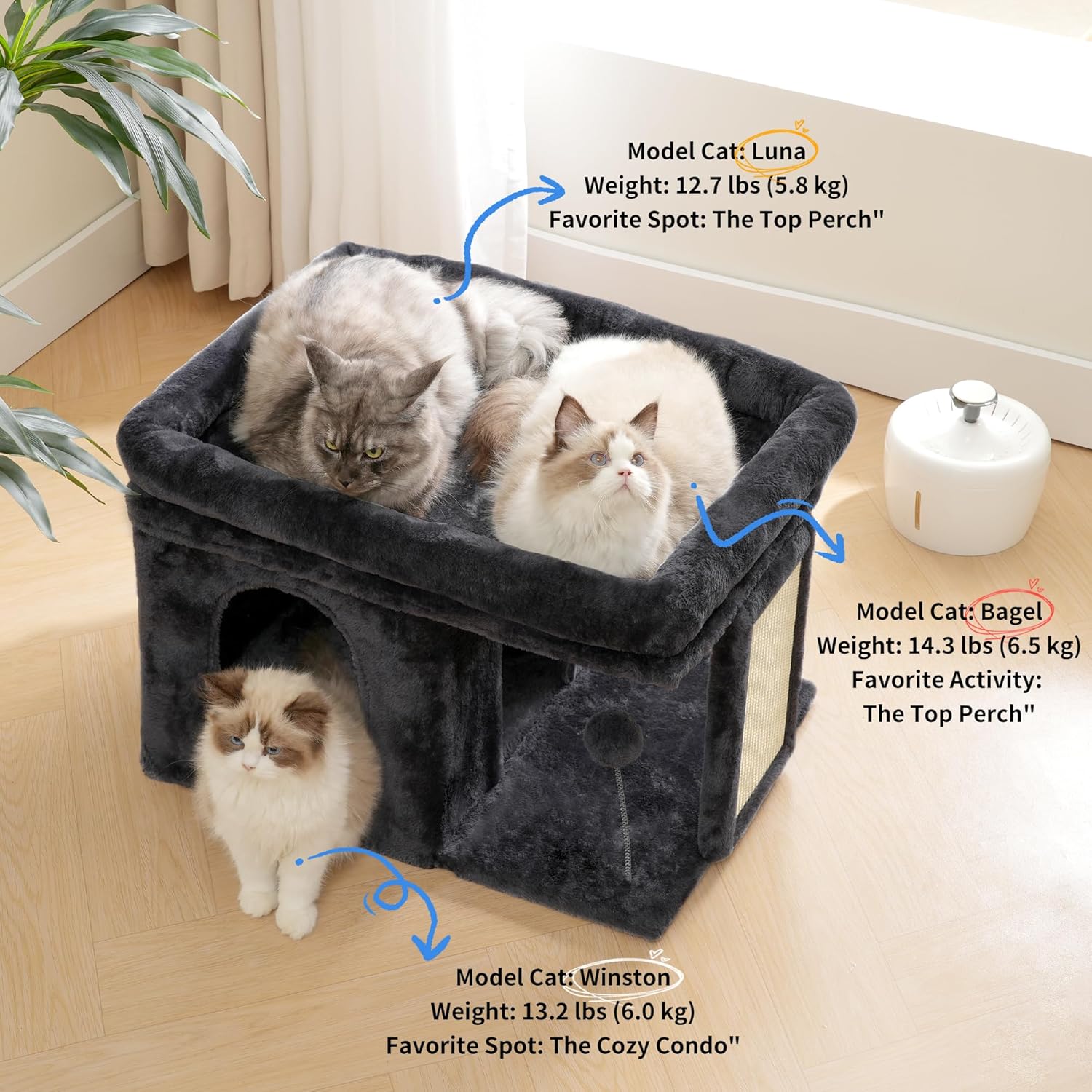 Heybly Cat Tree, 14 inch Cat Tower with Large Perch Bed and Cat Condo for Indoor Cats Large Adult, Cat House with Scratching Posts and Interactive Spring Balls for Your Kittens, Smoky Gray HCT203SG