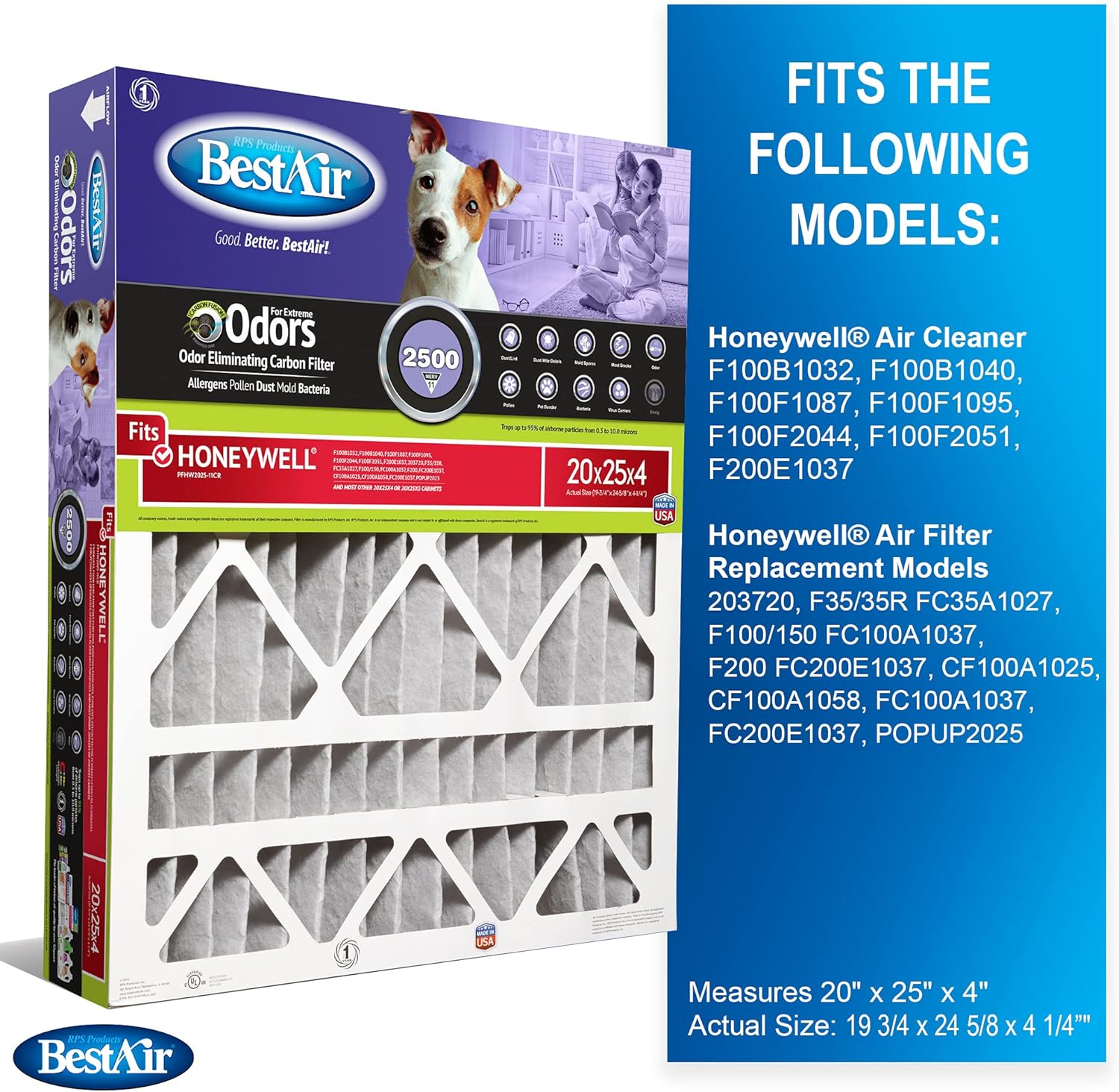 BestAir PFHW2025-11CR AC Furnace Air Filter, 20" x 25" x 4", MERV 11, Removes Allergens & Contaminants, Carbon Infused to Eliminate Odor, Fits 100%, For Honeywell Models, Pack of 3