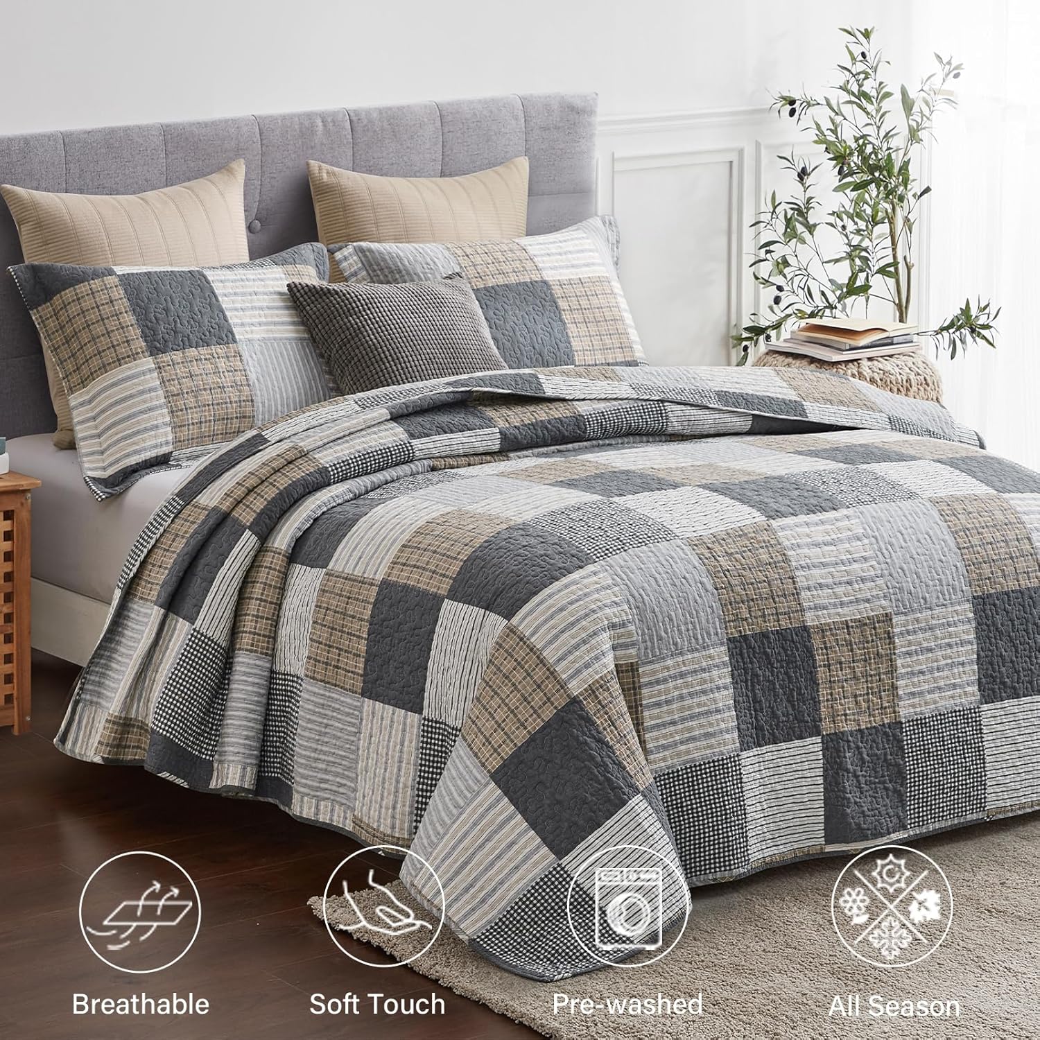 Finlonte Quilt Set Queen Size - 100% Cotton Queen Comforter Set, Plaid Quilted Bedspread Farmhouse Country Bed Spread, Lightweight Reversible Quilt Bedding Set All-Season, Gray/Brown/Black/White, 3Pcs - Image 2