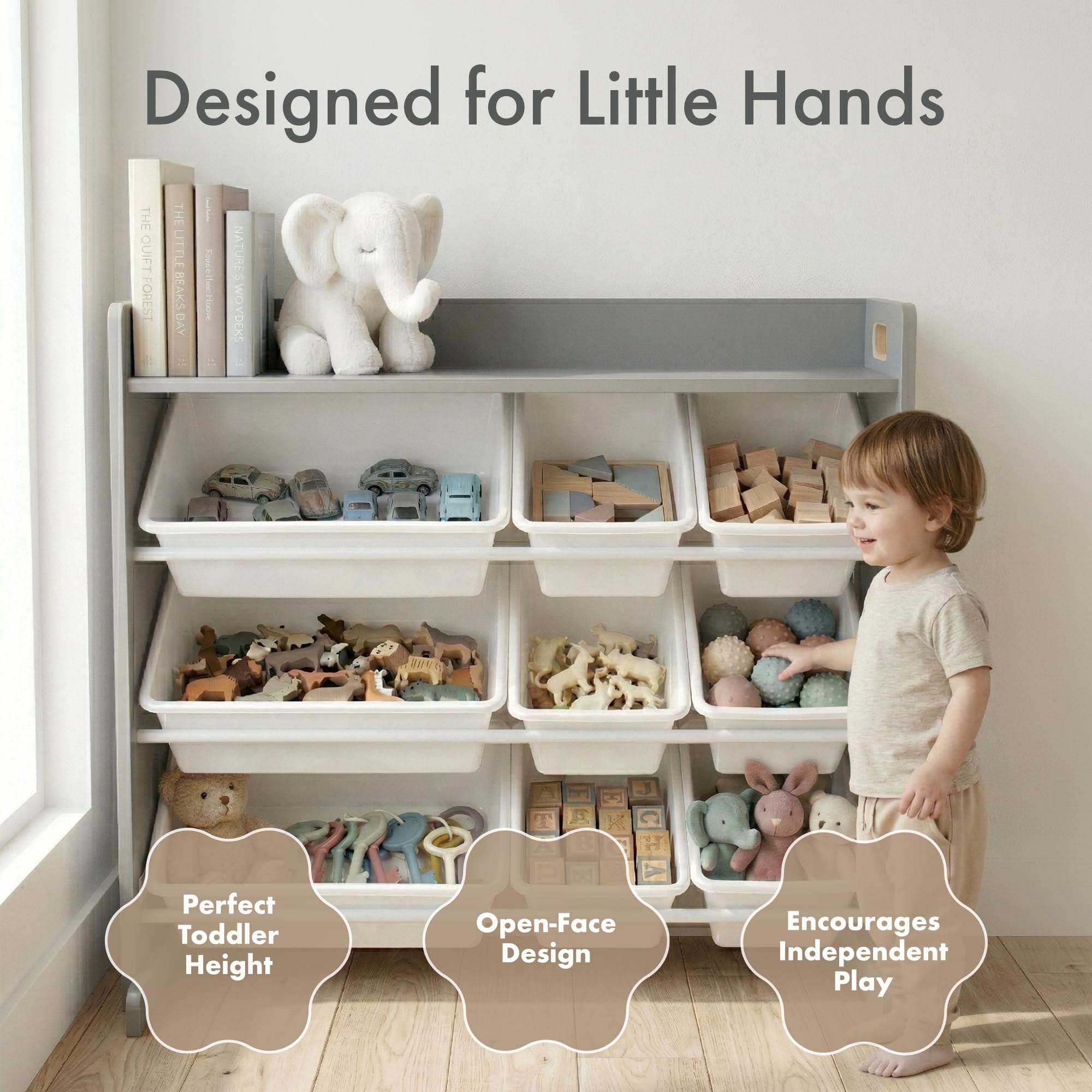Humble Crew estantería Infantil Gris/Blanco: 9 Cajas Almacenamiento, Organiza Juguetes, diseño Elegante, Segura, Montaje rápido, Ideal para niños