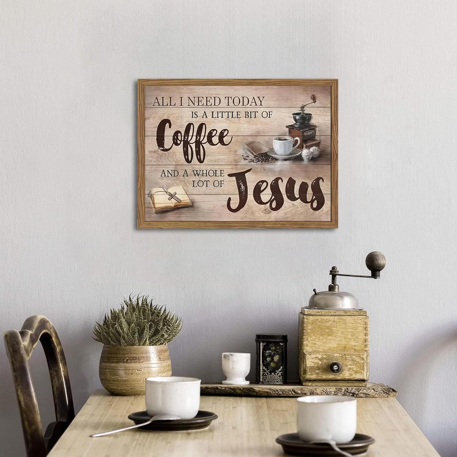 Wood Framed Christian Kitchen Wall Art, All I Need Today Coffee & Jesus Canvas Wall Decor Paintings, Coffee Motivational Posters Prints Pictures for Kitchen Bedroom Dining Room 12x16 Inch