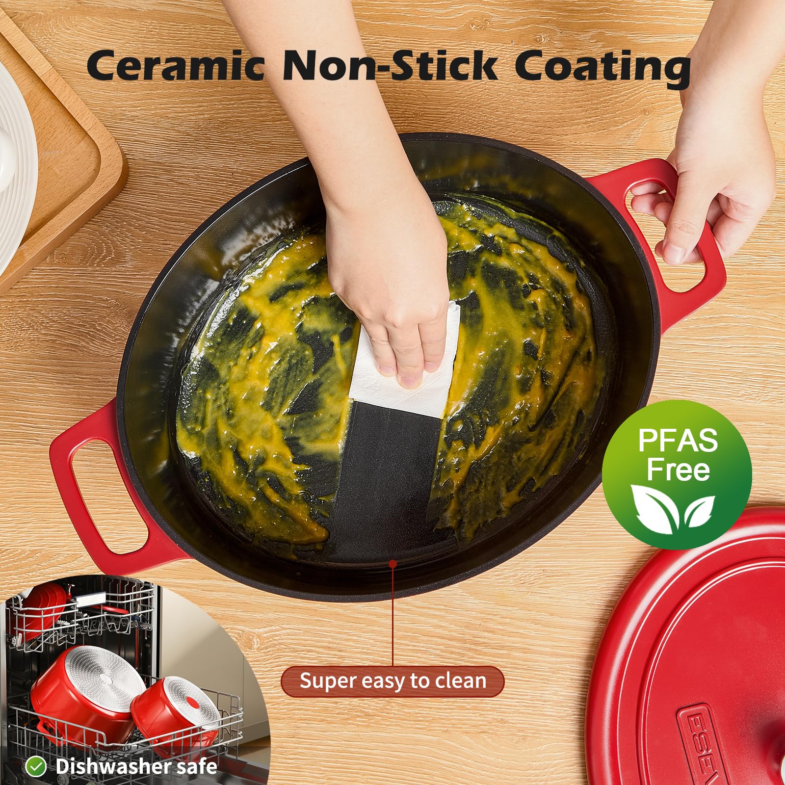 Garnek z owalnego żeliwa indukcyjnego żeliwny garnek z żeliwa 38 cm, odlew aluminiowy, powłoka nieprzywierająca o wyglądzie kamienia, z pokrywką wyjmowane podkładki silikonowe, czerwony