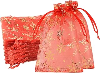 100pk Red Gold Organza Gift Bags,7x9cm Small Organza Favor Bags,Wedding Jewelry Pouches with Drawstring,Mesh Candy Favour Bag Party SweetBags for Birthday,Wedding,Christmas,Gift Wrapping