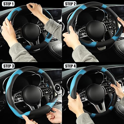 Miniatura 6 de BINSHEO Funda para volante de piel de microfibra, antideslizante, cómoda, universal, 15.0in, color beige, M, NegroAzul