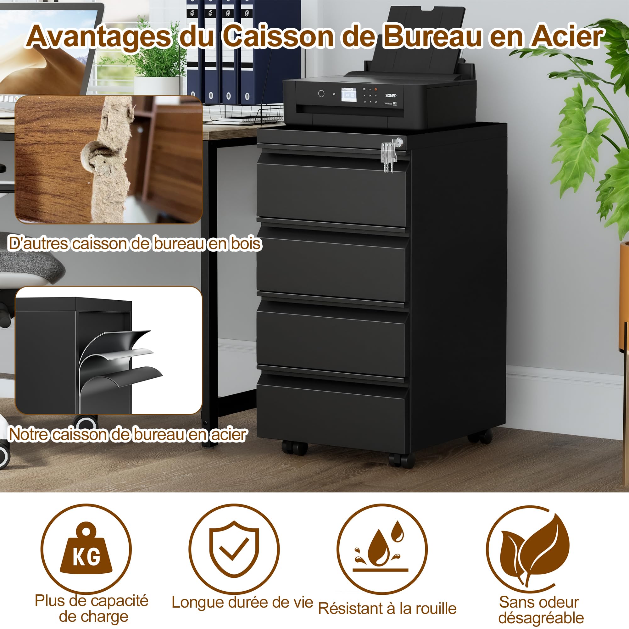 Caisson de Bureau Metal, Caisson de Rangement Mobile, Caisson à 4 Tiroirs, Meuble de Rangement Bureau, avec Serrure, 4 Clés, Prémonté, Noir