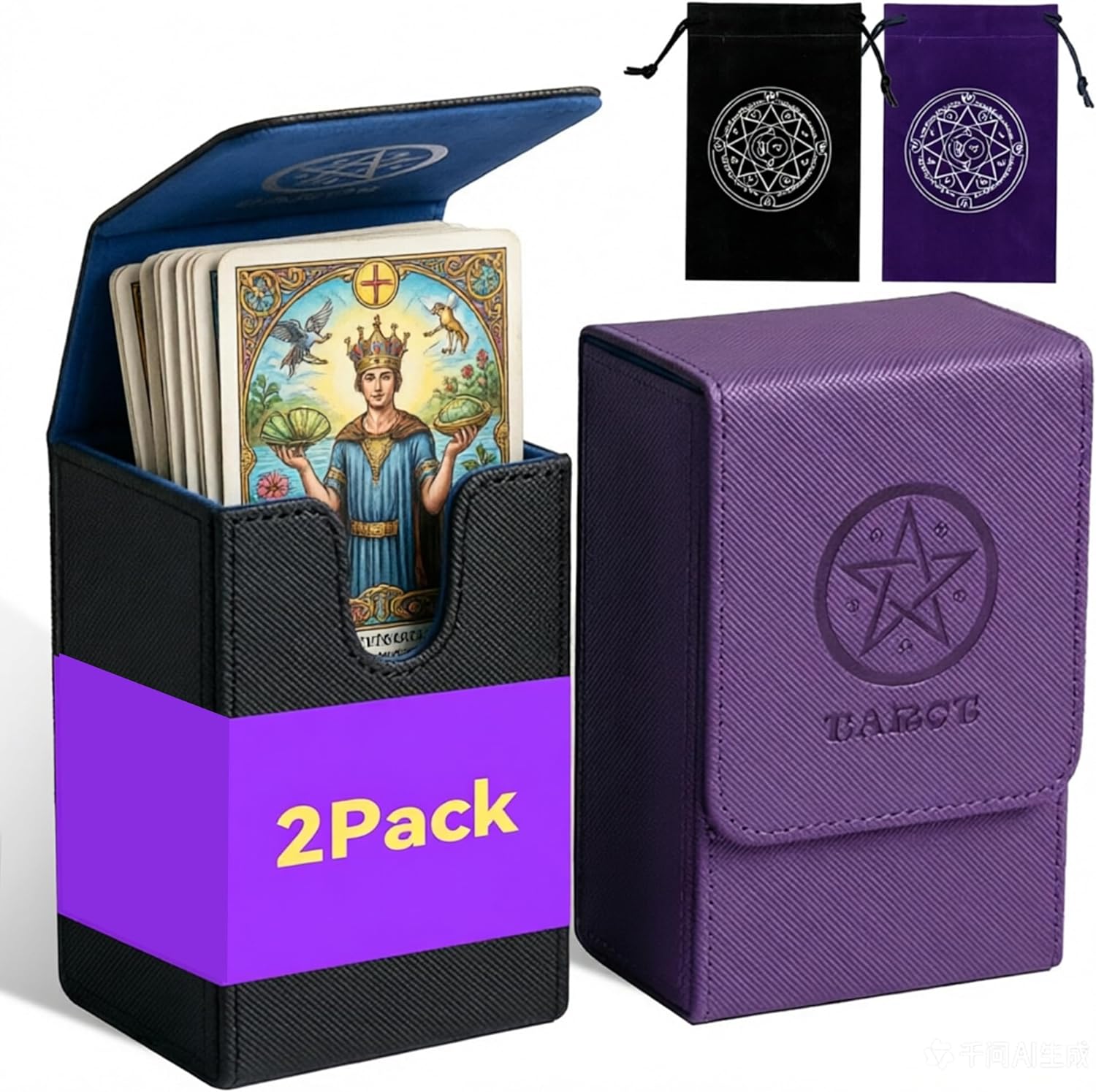 2Pack Tarot Card Holder Set, PU Leather Tarot Card Case with 2 Tarot Card Storage Bag, Tarot Card Box for Tarot Card, Playing Cards, Suitable for Women, Men, Mystical Gift, Purple/Black