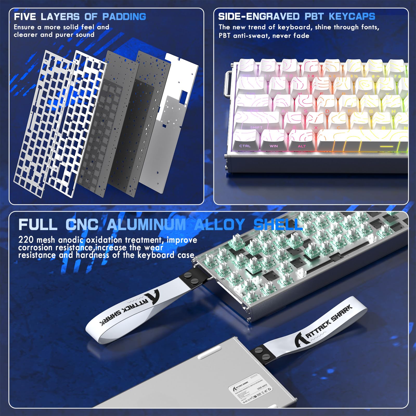 ATTACK SHARK X68MAX HE Vollaluminium-CNC-8KHz-Rapid-Trigger-Tastatur | Magnetschalter, Snap Tap, 0,005mm RT-Genauigkeit, Kabelgebundene RGB-Gaming-Tastatur, C01Ultral-Kabel, PC/Mac, Weiß Konturen